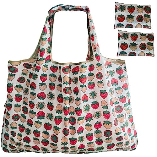 Foldable Reusable Grocery Bags with Long Handles and Fold-Up Pouch