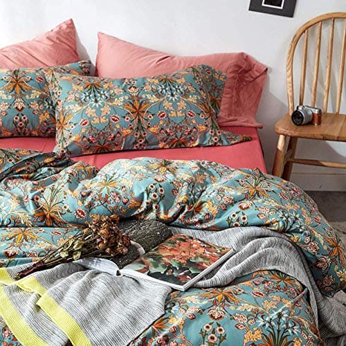 VM VOGUEMARKET Gold Green Flower Percale cotton Duvet Cover with Zipper Closure