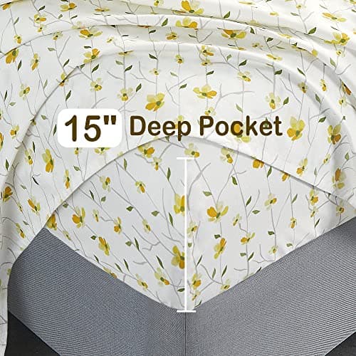 Yellow Floral Full Sheet Set - 4 Piece Soft Microfiber Fitted Sheets with 15 Deep Pocket