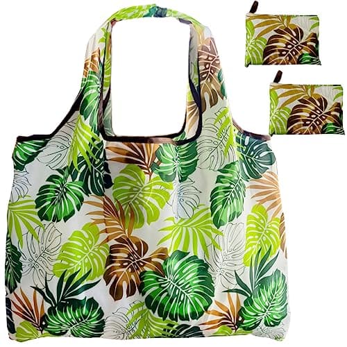 Foldable Reusable Grocery Bags with Long Handles and Fold-Up Pouch