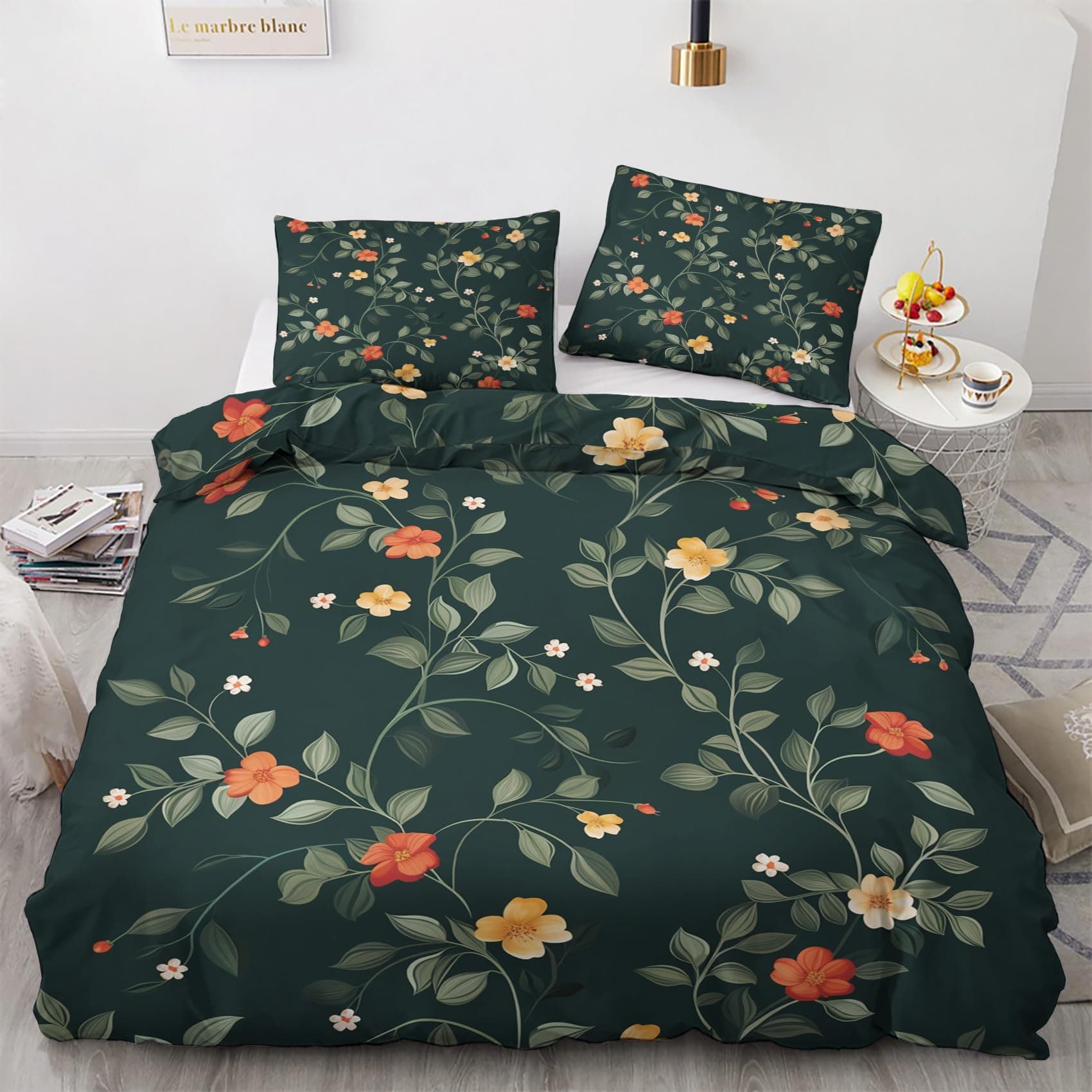 Oversized Queen Wildflower Duvet Cover & Shams, Green Quilt Set with Zipper