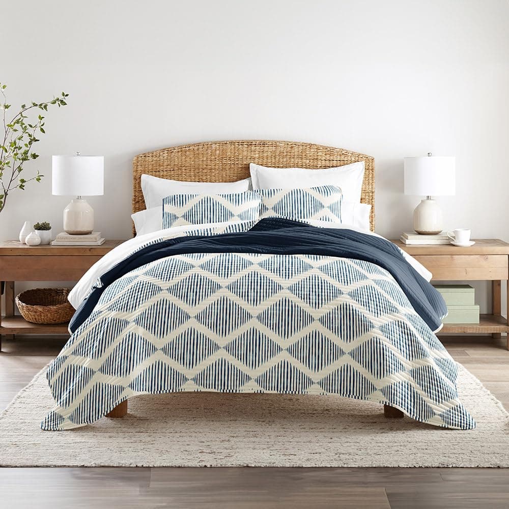 Modern Diamond Navy Linen Quilt Coverlet Set - Ultra Soft Microfiber