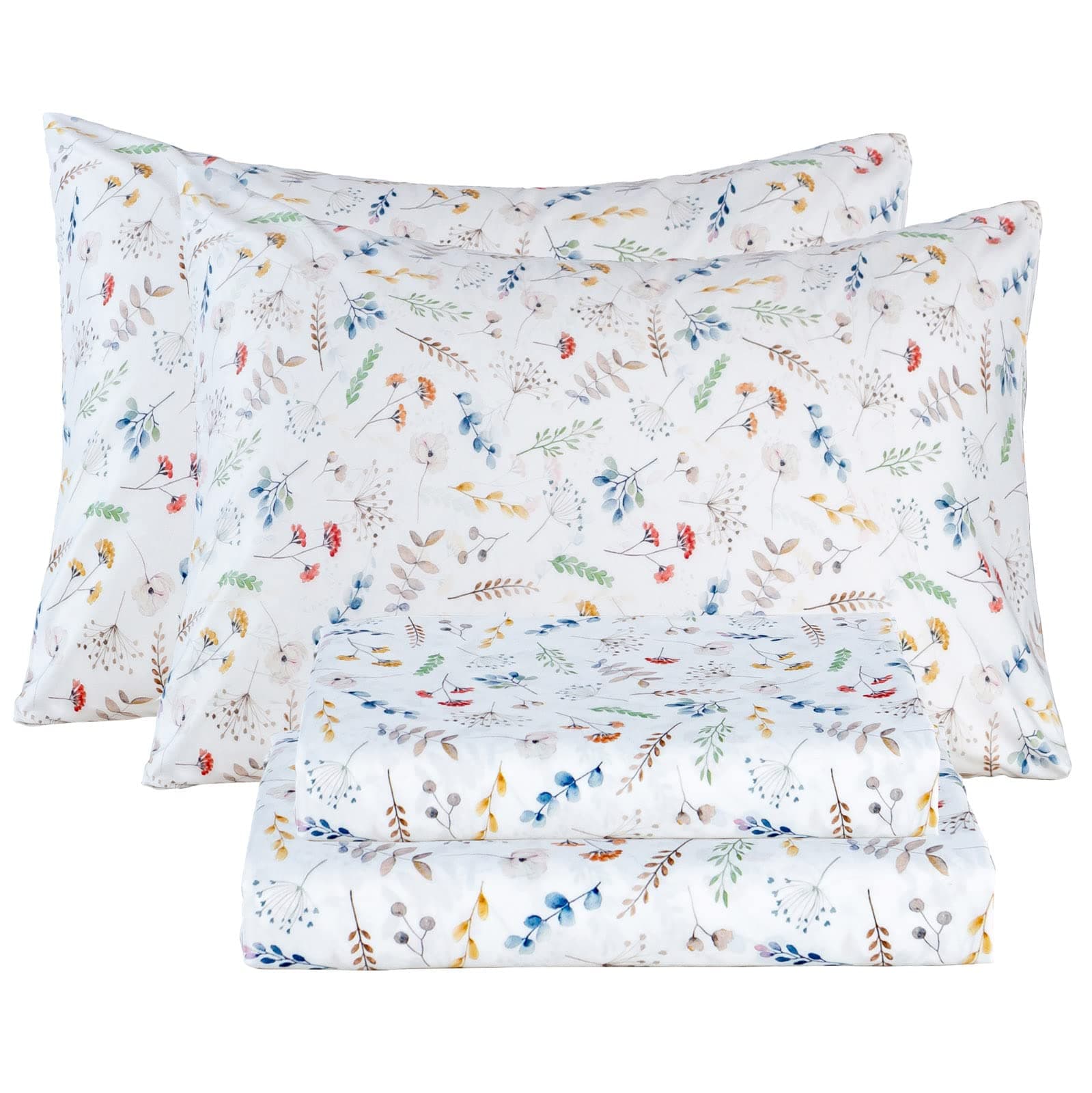 Ultra Soft Breathable Silky Flower Bed Sheets - 4 Piece Full Size White Floral