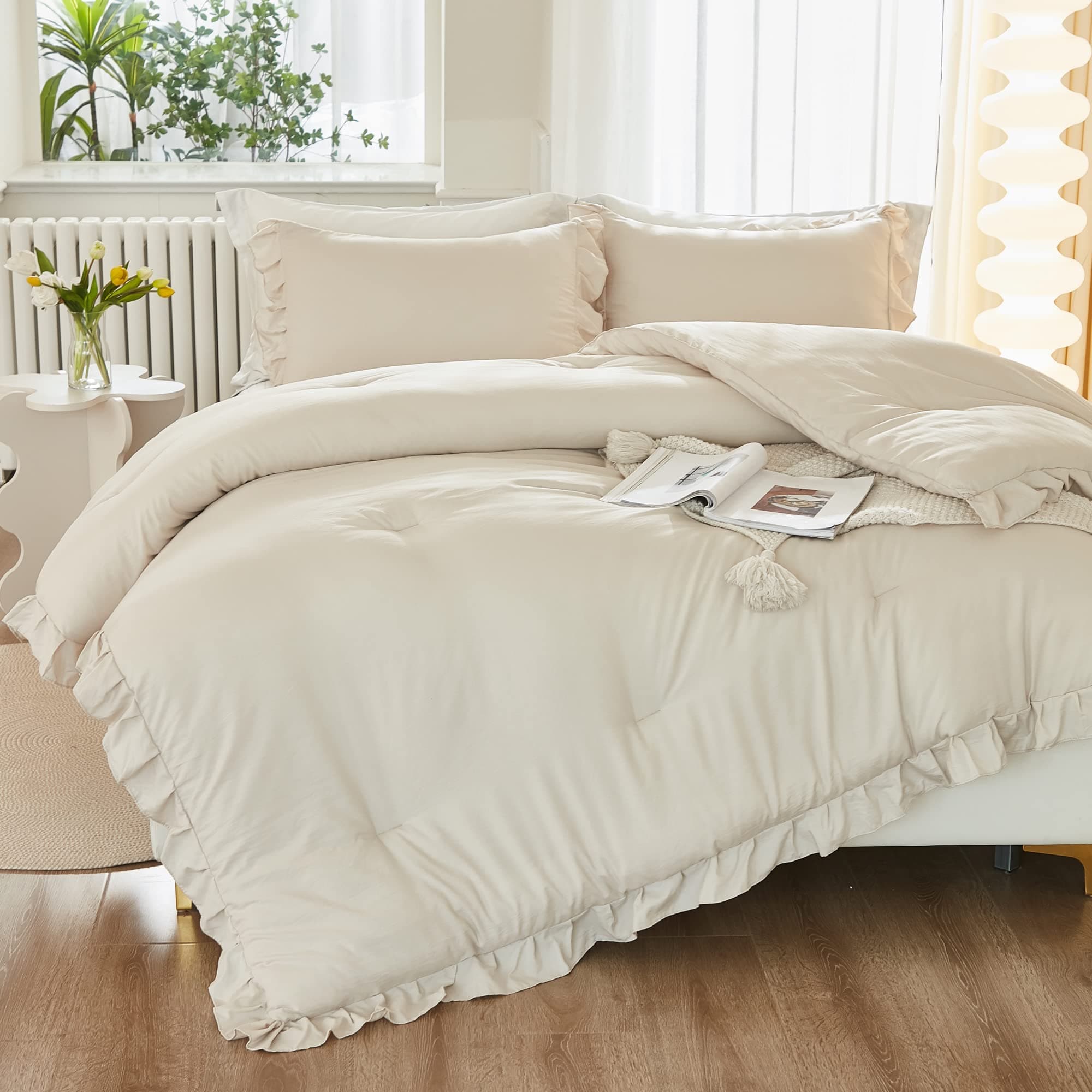 Litanika Queen Beige Ruffle Comforter Set, 3 Pieces, Fluffy Bedding