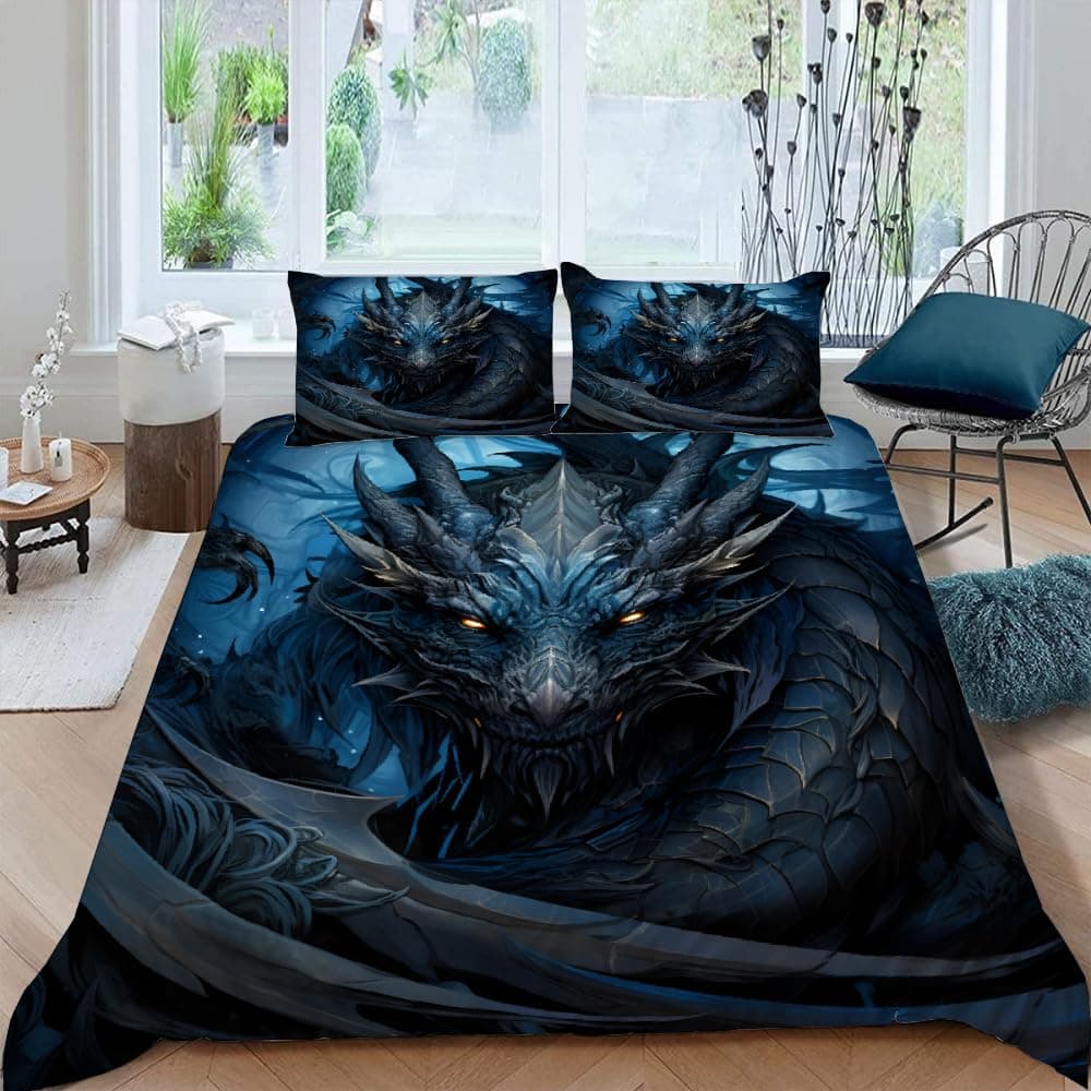 Cook Ice Dragon Decorative 3-Piece Bedding Set, King Size, Mysterious Animals Duvet Cover