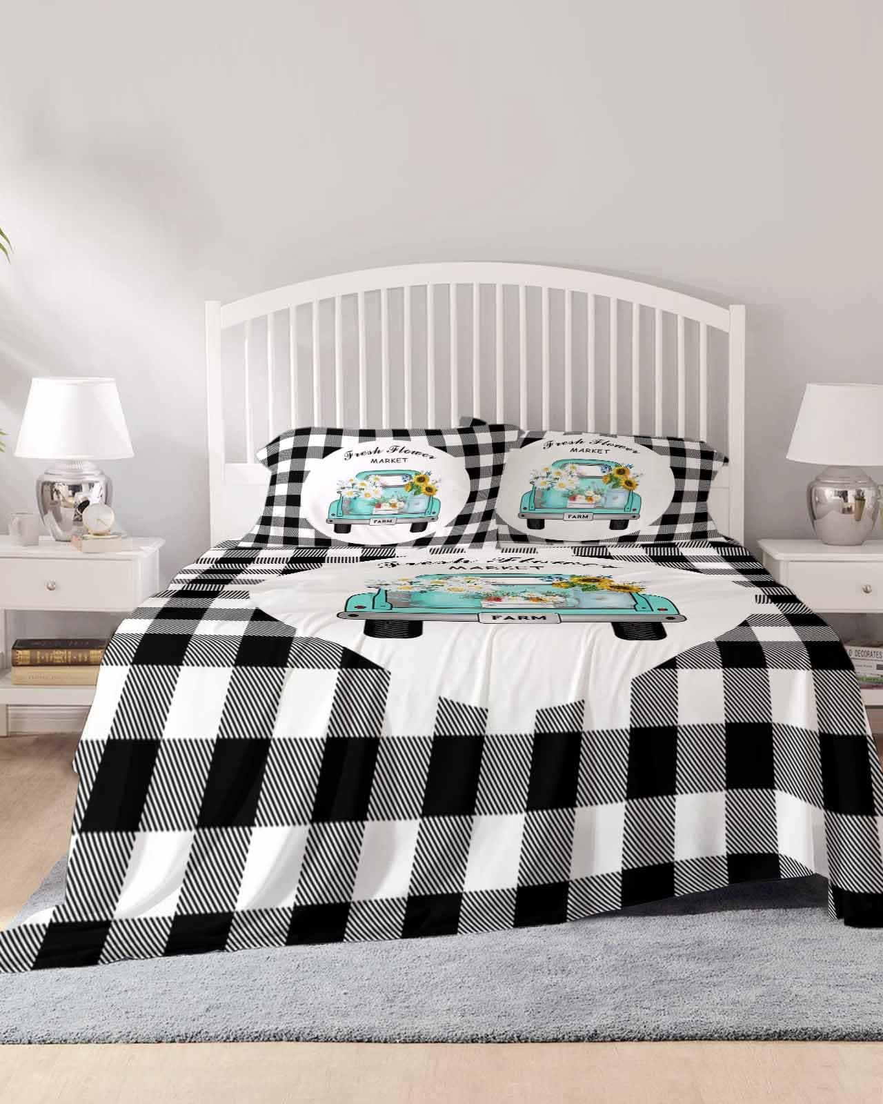 Buffalo Plaid Flower Daisies California King Sheet Set