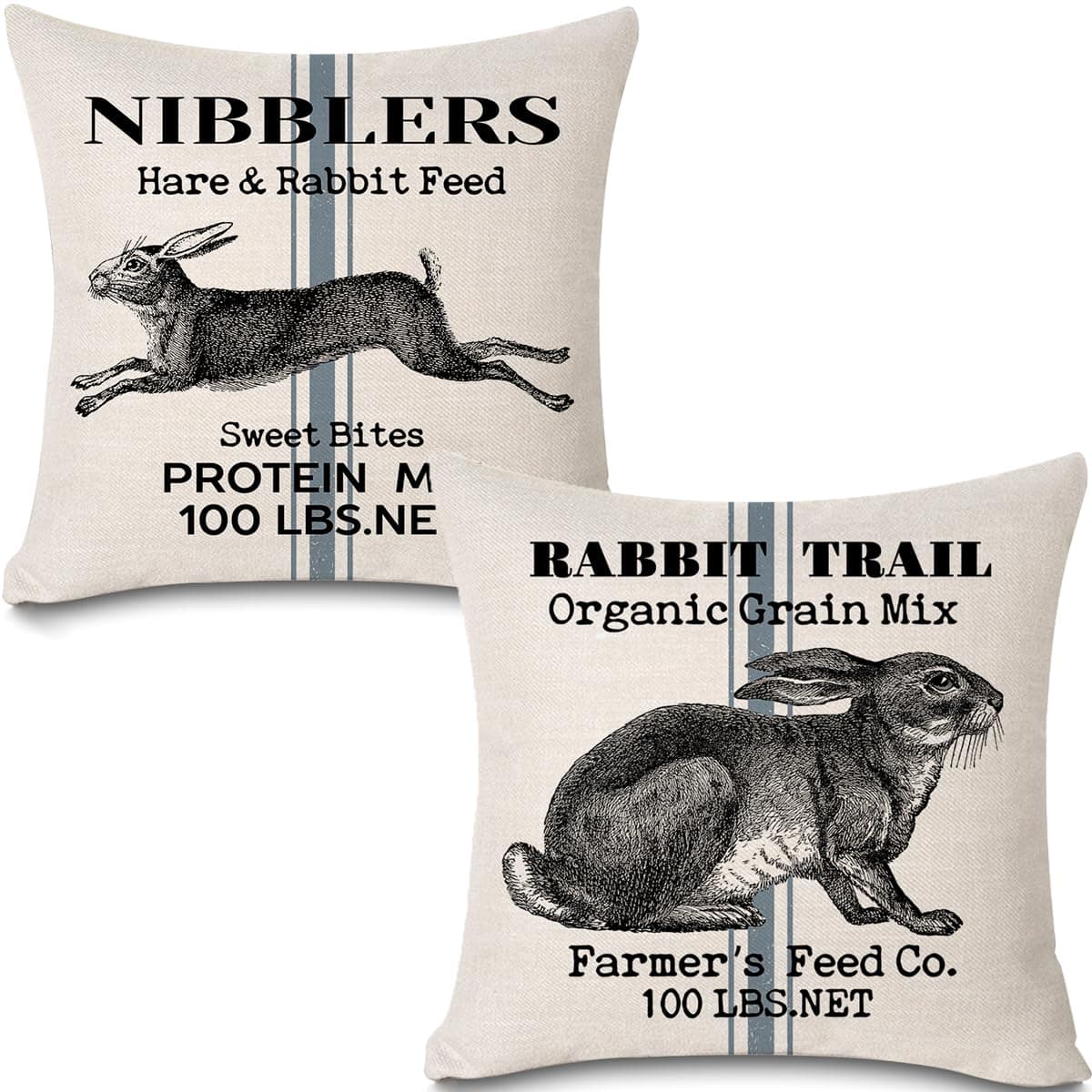 Retro Hare Pattern Pillow Covers Set of 2 - Farmer's Market Bunny Rabbit Farm Home Décor