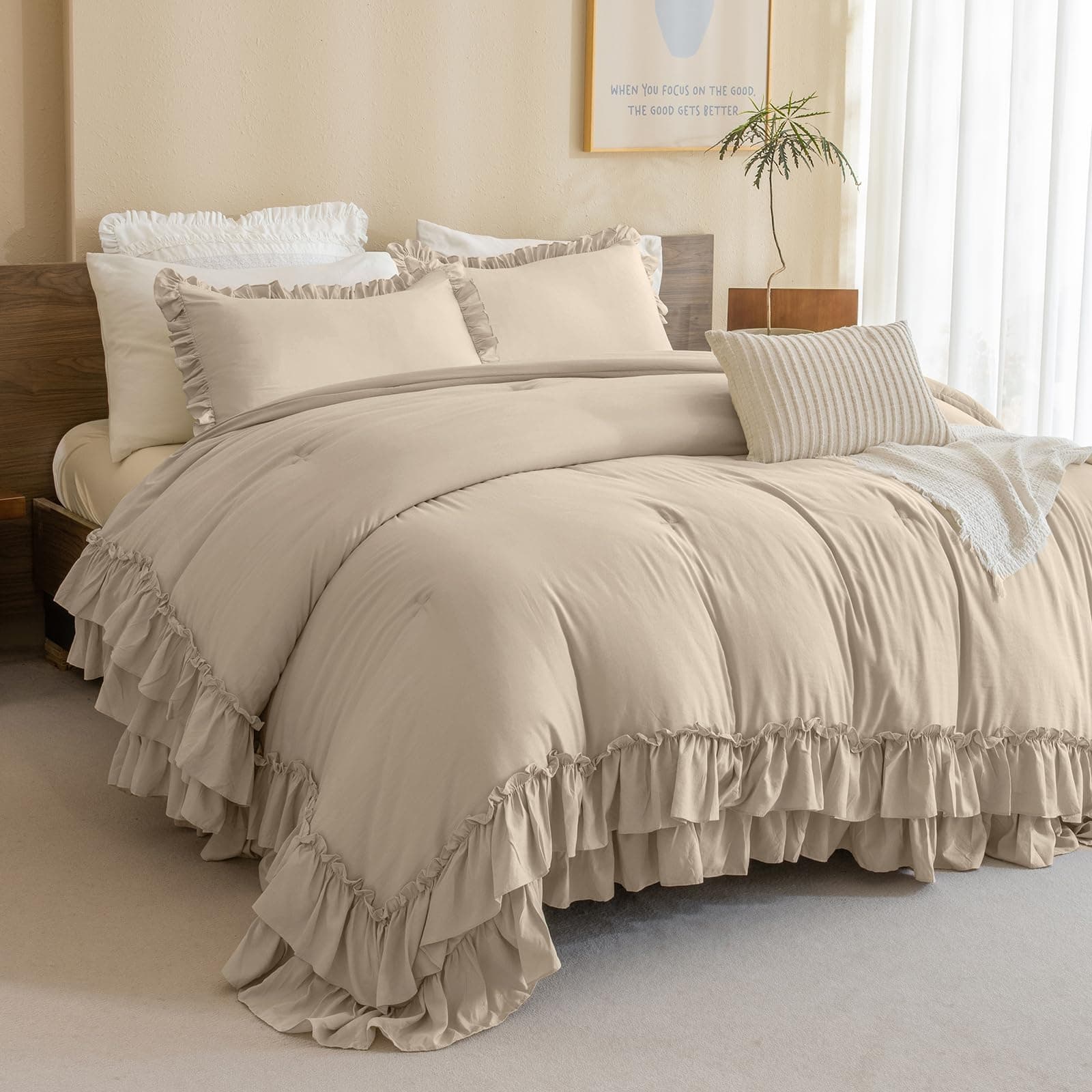 Masaca Ruffled Comforter Set Queen, Farmhouse Boho Chic Linen Feel Bedding