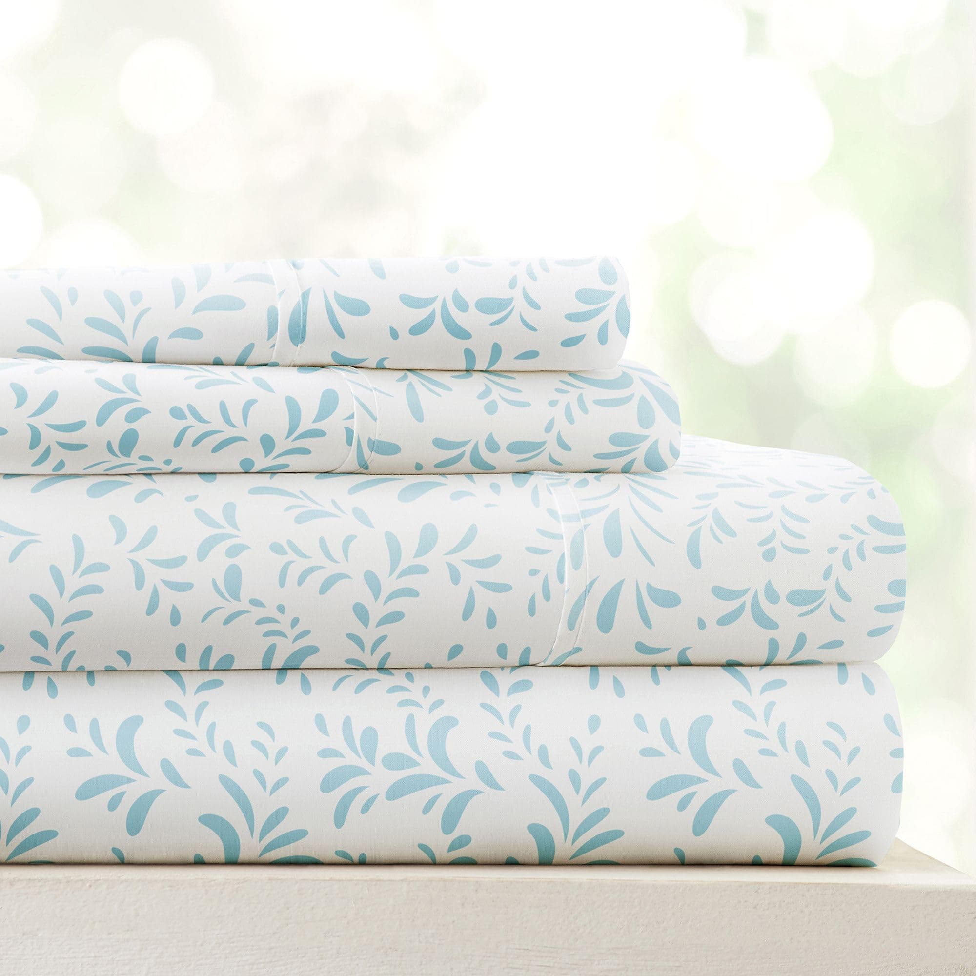 Ultra-Soft Cooling King Bed Sheet Set - Light Blue Vines