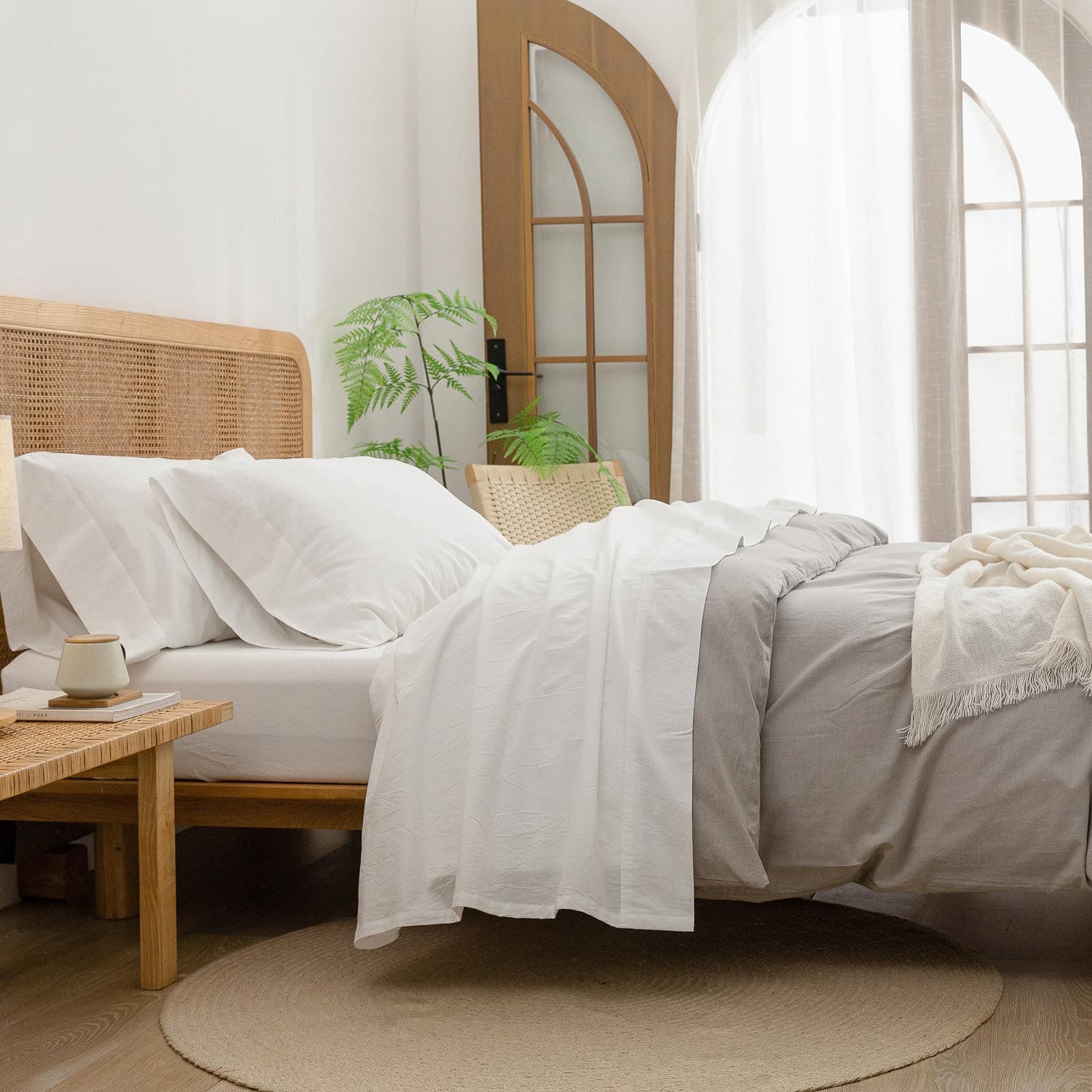 BESTOUCH Washed Cotton Linen Feel Queen Sheet Set 4 Pcs Solid Off White