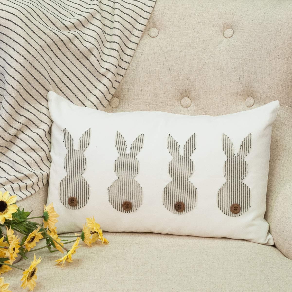 Piper Classics Hippity Hop Black Ticking Bunny Throw Pillow Cover