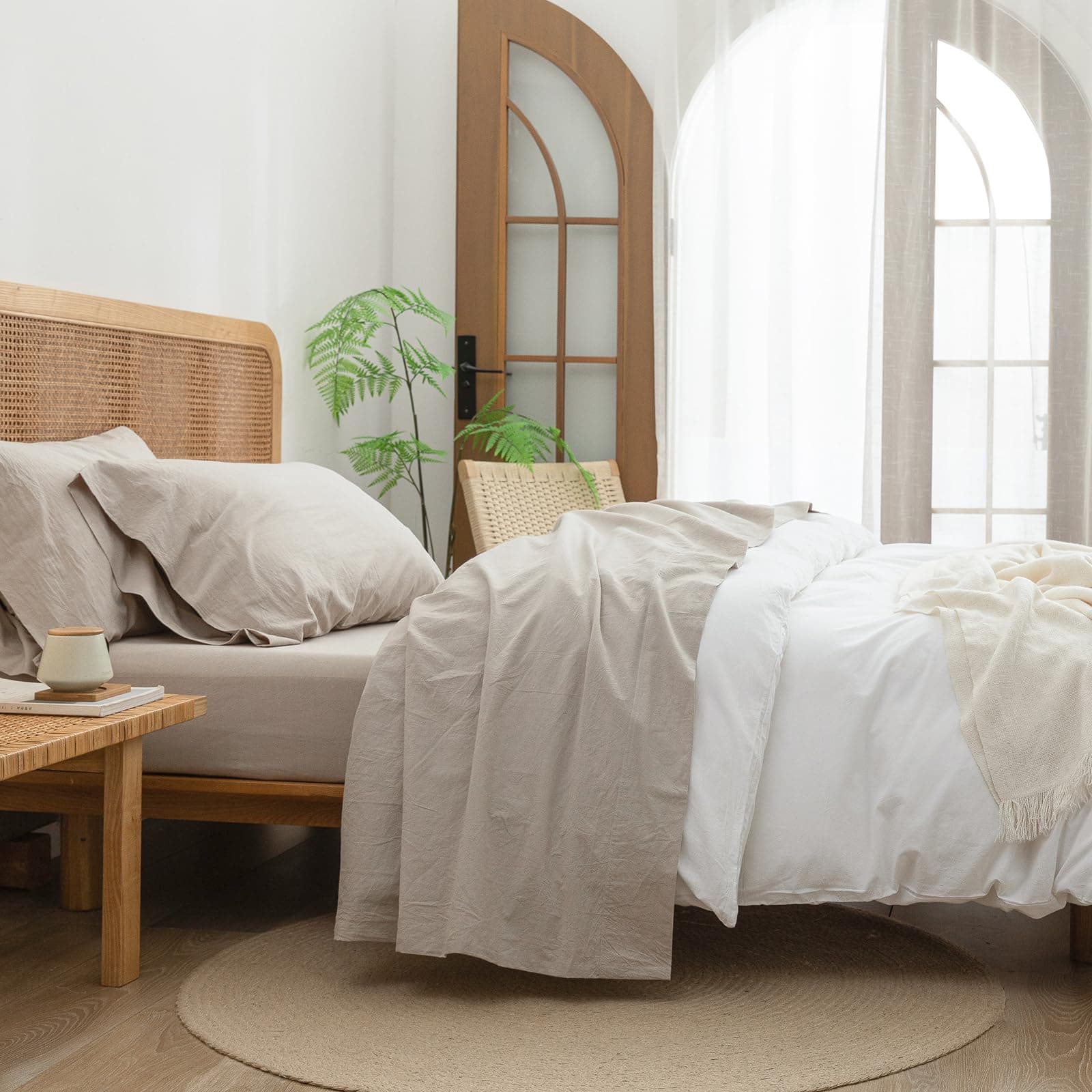 BESTOUCH Solid Linen Grey Queen Sheet Set 100% Washed Cotton