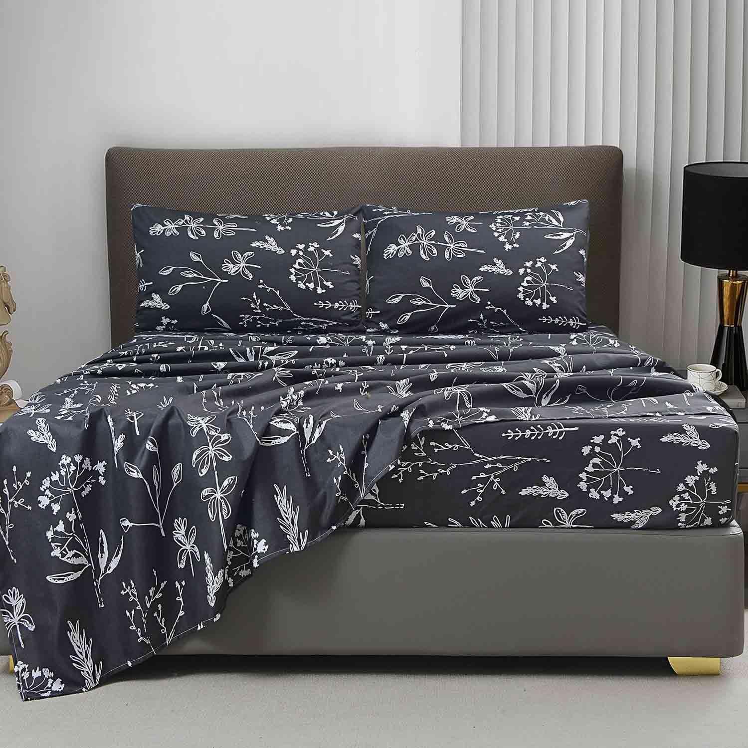 Nanko Floral Bed Sheet Set King Size 4 Pieces, Soft Microfiber Bedding Sets - Flat Sheet, Deep Pocket Fitted Sheet with 2 Pillowshames