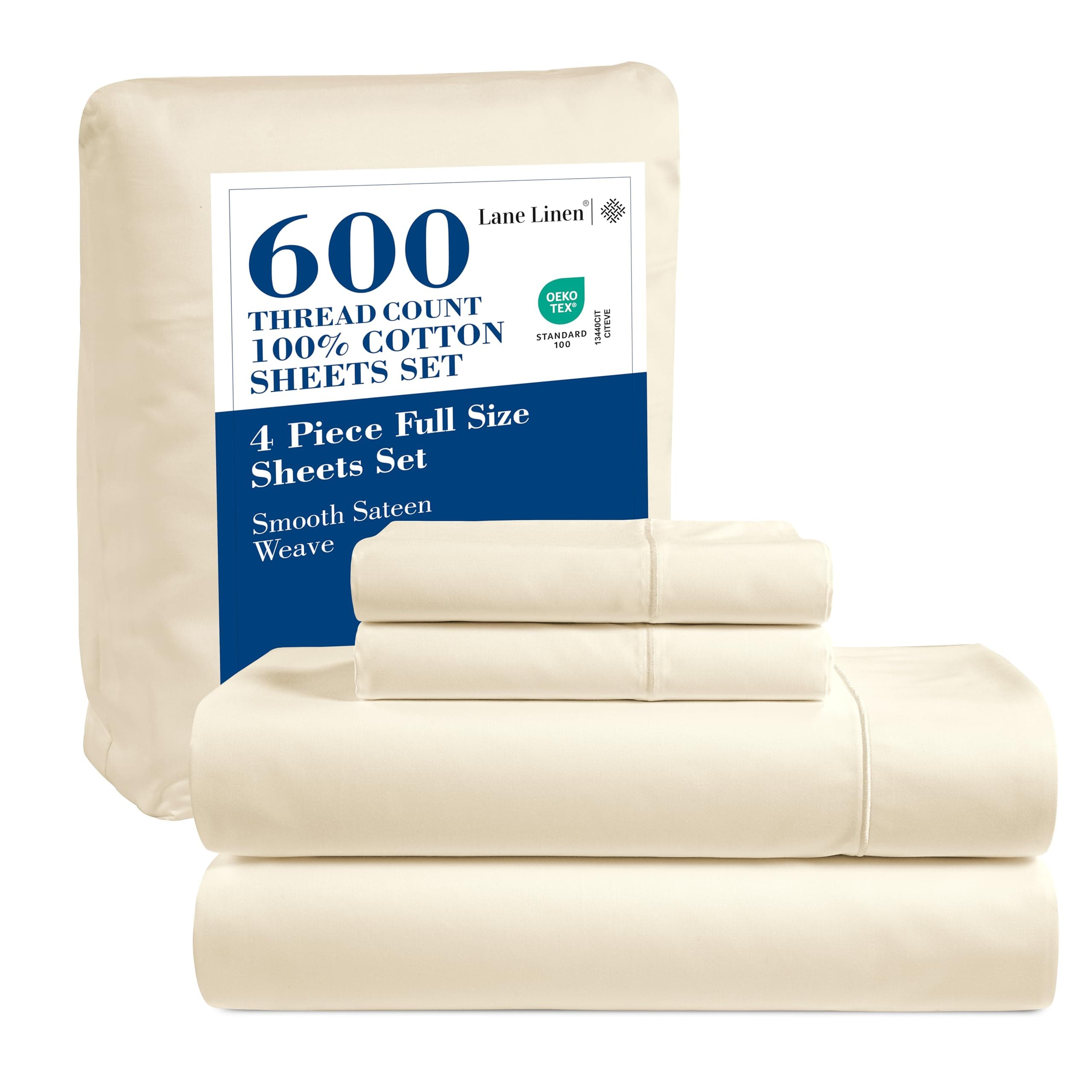 Lane Linen 100% Cotton Full Size Sateen Sheets Set - 600 Thread Count Ivory
