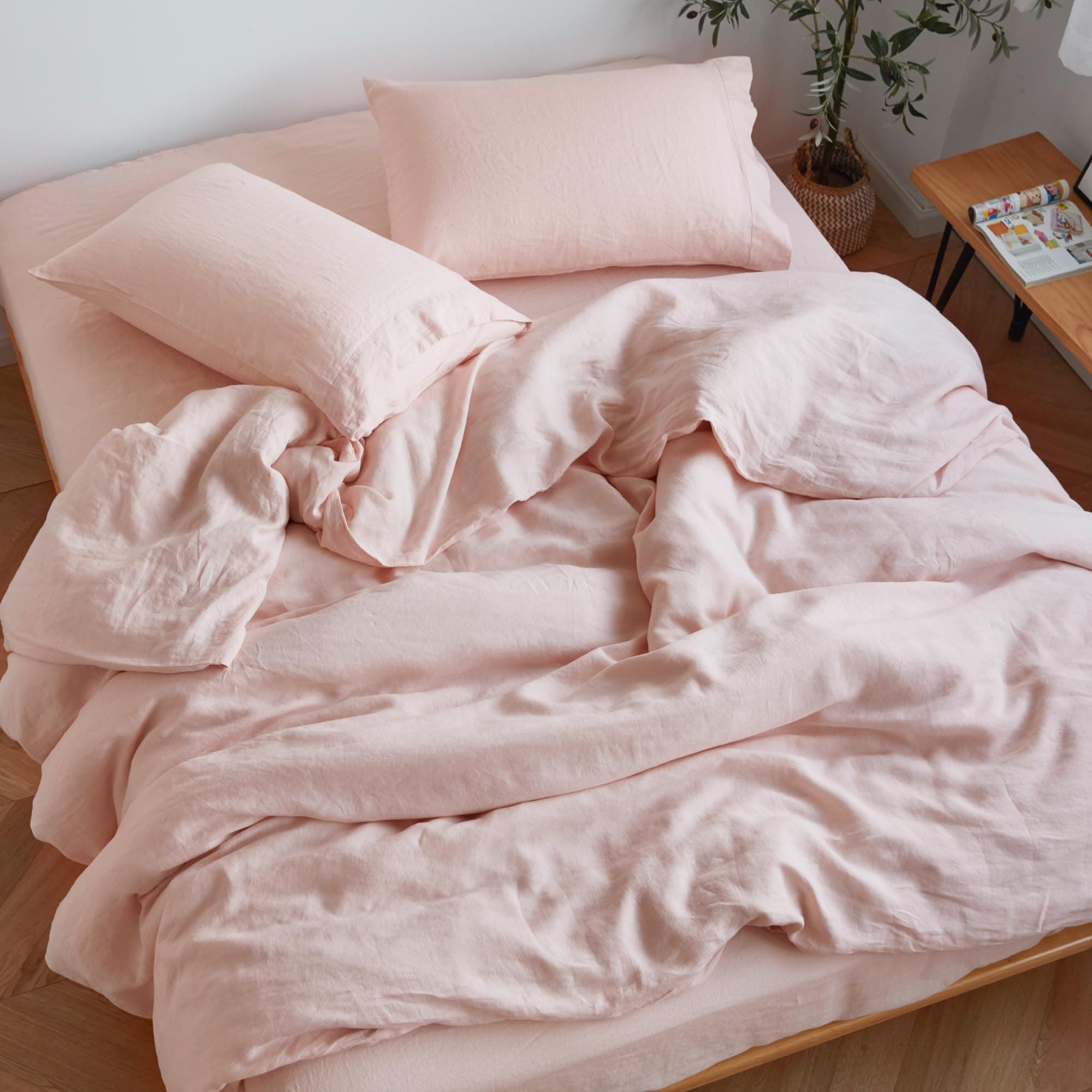 Sijo Stone Washed Organic French Linen Bed Sheet Set, GOTS Certified (Blush, Queen)