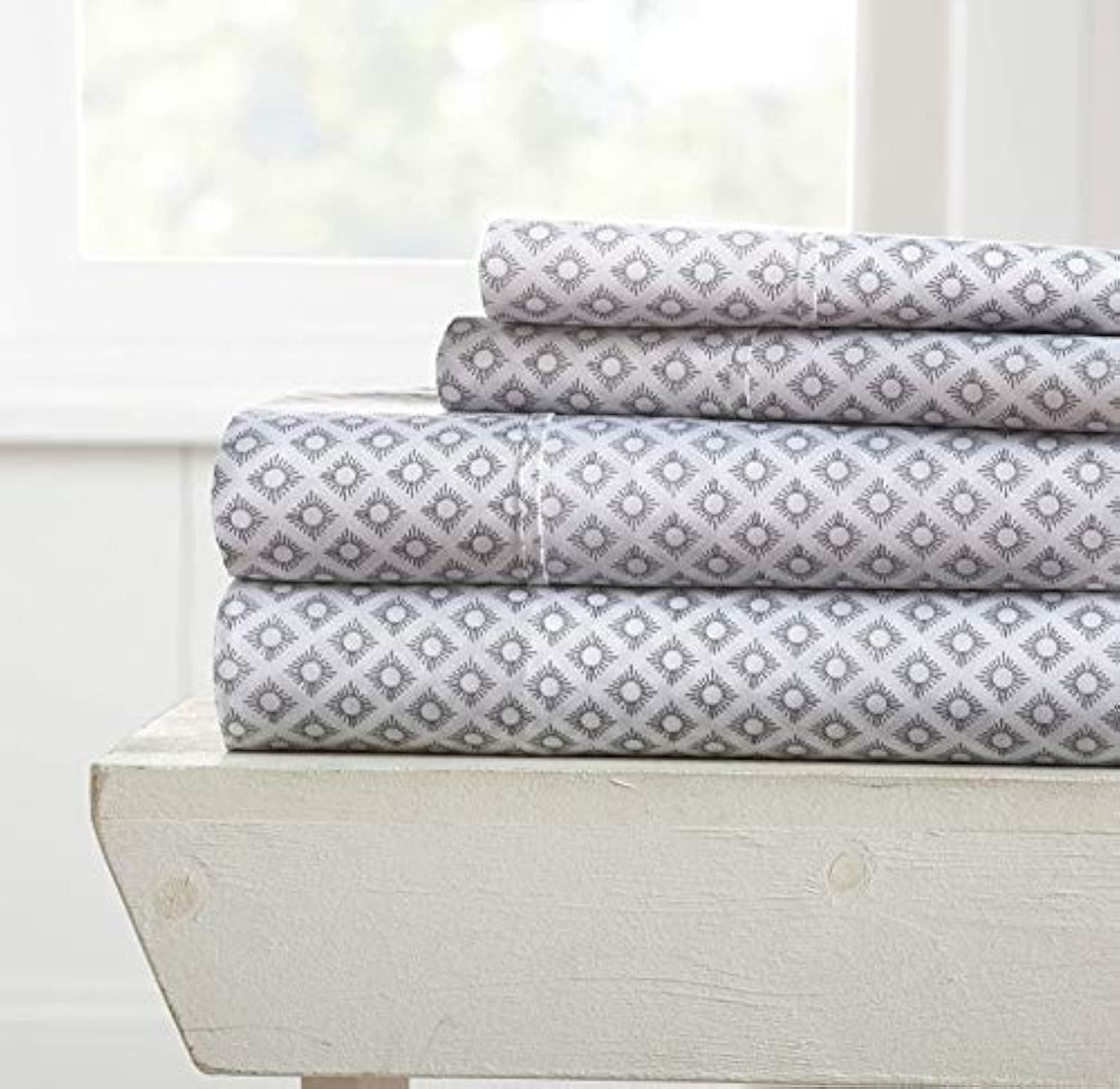 Premium Gray Linen Market Polaris Pattern Bed Sheet Set, Queen