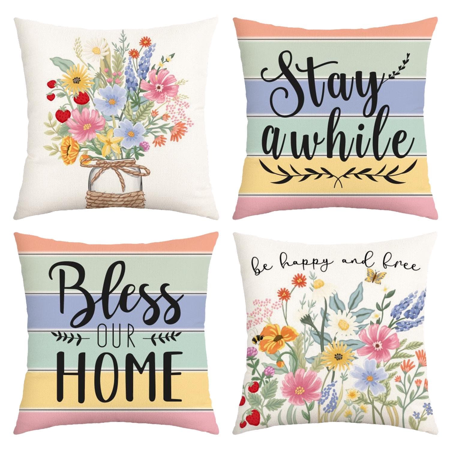 Spring Pillow Covers 18x18 Inch Set of 4 for Spring Home Décor
