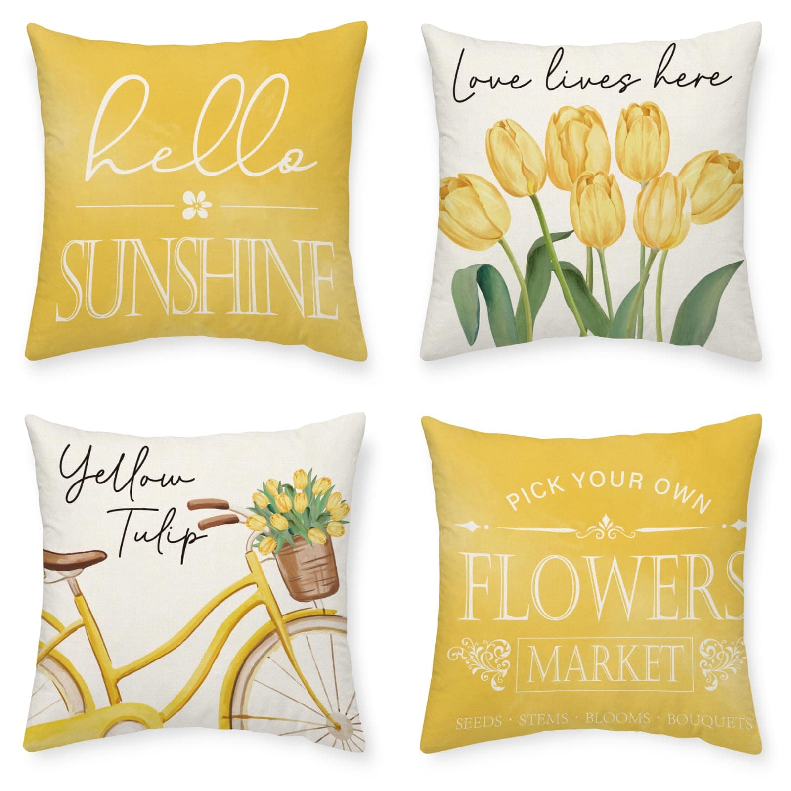 Spring Flowers Tulip Pillow Covers, 18x18 Inch, Set of 4 for Sofa Cushions