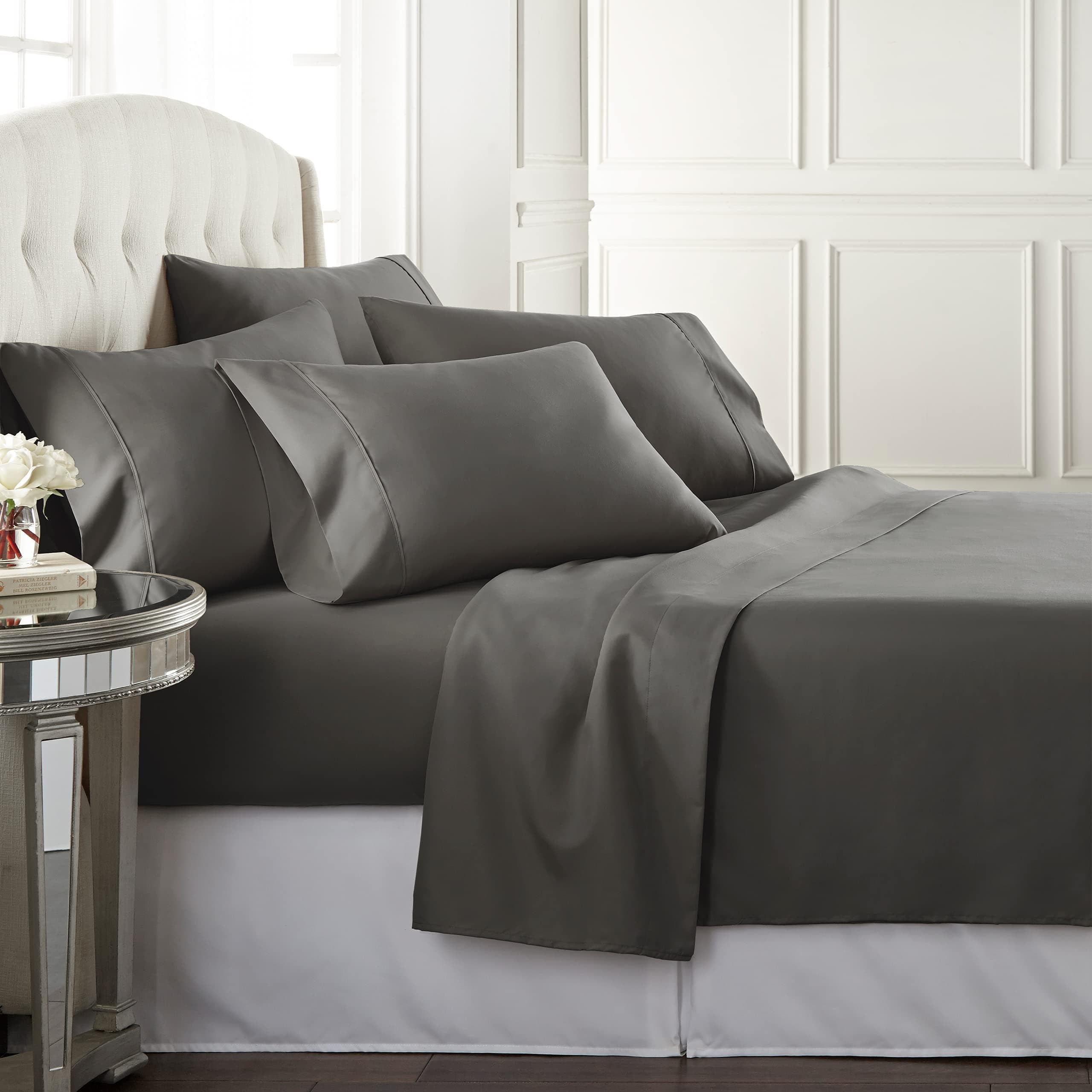 6 Piece Full Size Sheets Set - Including 4 Pillowcases - Deep Pockets - Breathable and Soft - Gray - Wrinkle Free - Machine Washable