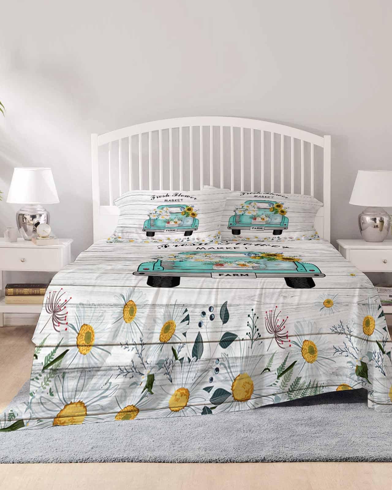 King Size Vintage Flower Daisies Bed Sheets Set, Deep Pockets, Soft & Breathable