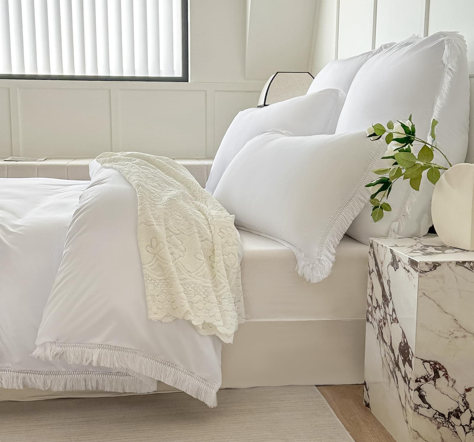 White Ultra Soft Boho Tassel Queen Duvet Cover & Pillow Shams 3-Piece Set