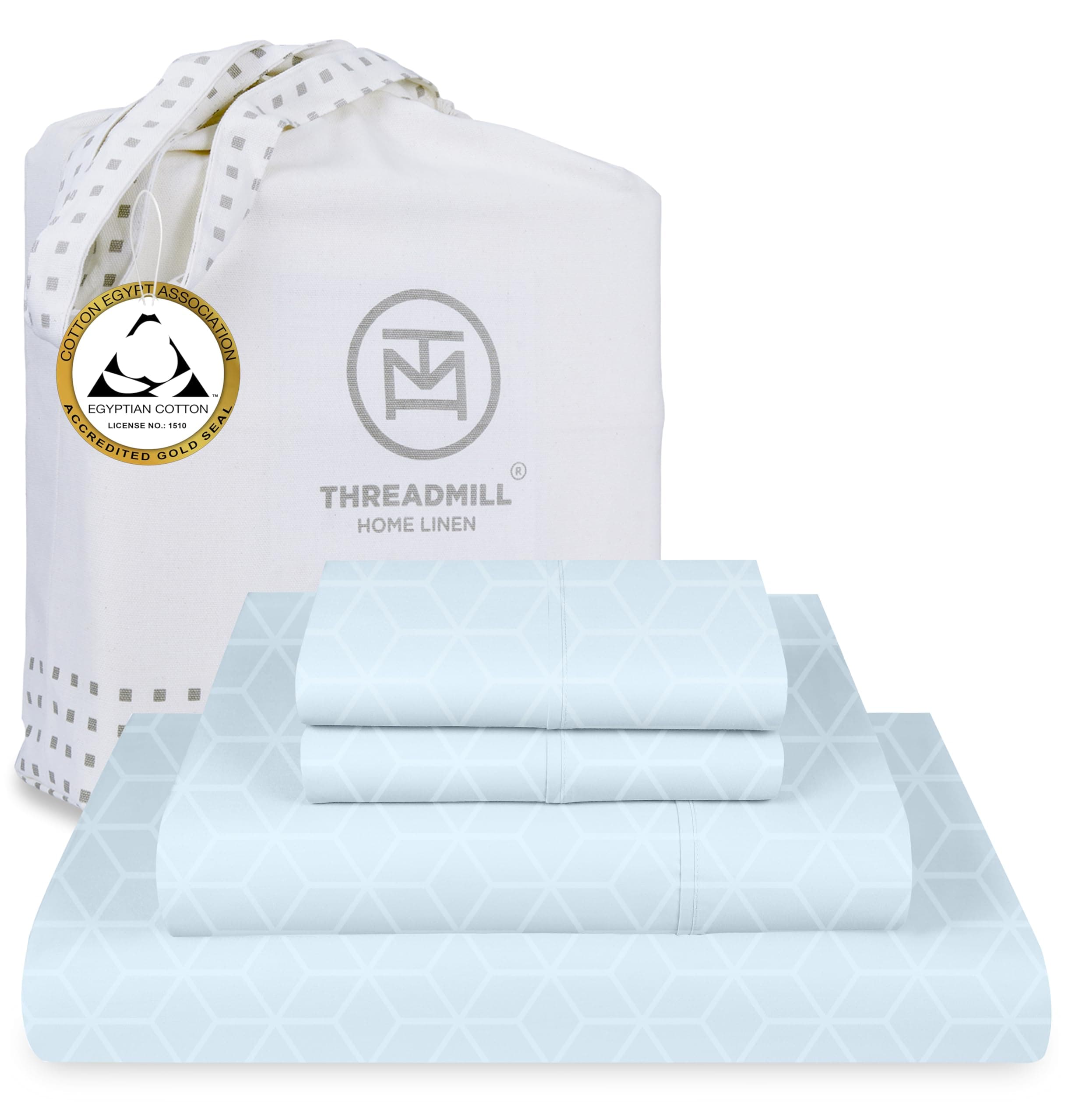 100% Egyptian Cotton Queen Sheet Set | Soft Cooling Damask Jacquard | Deep Pocket | Light Blue
