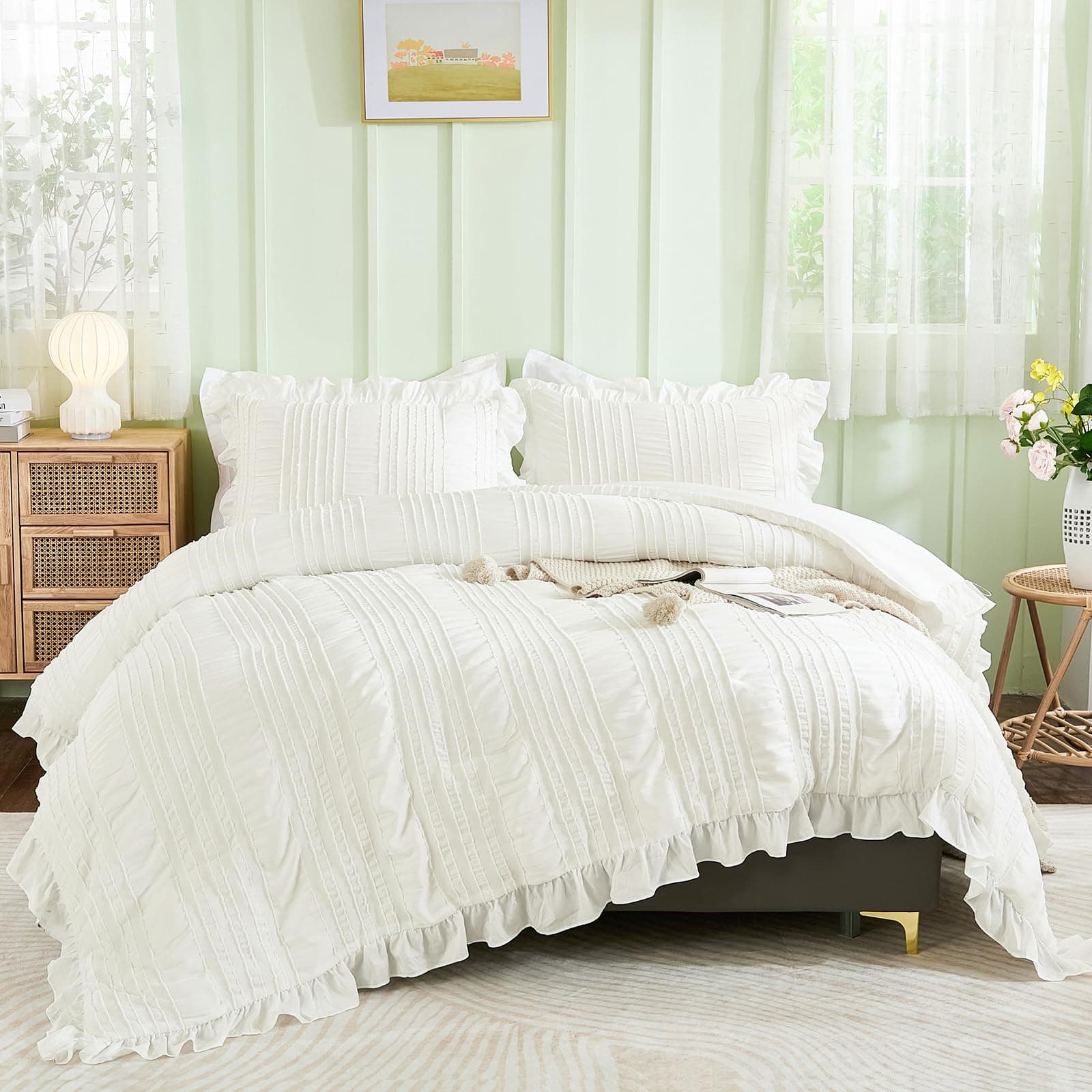 WONGS BEDDING Queen Shabby Chic Comforter Set 3 Pieces Ruffle SeersuckerTextures