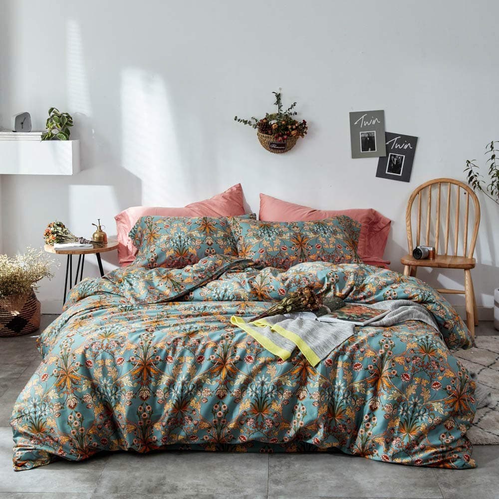 VM VOGUEMARKET Gold Green Flower Percale cotton Duvet Cover with Zipper Closure