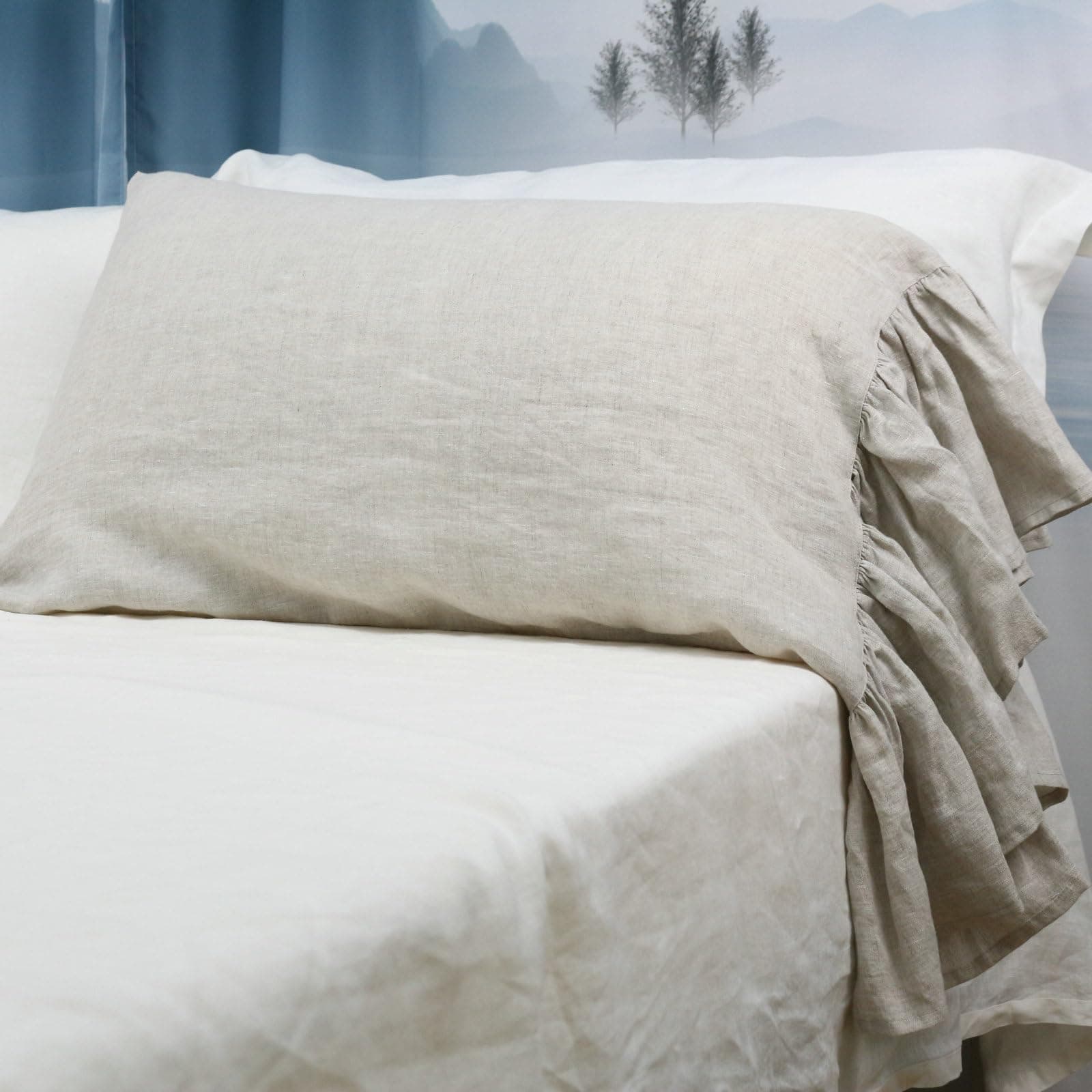 100% French Linen Queen Size Ruffled Pillowcase, Flax Flavoured (1 Pack)