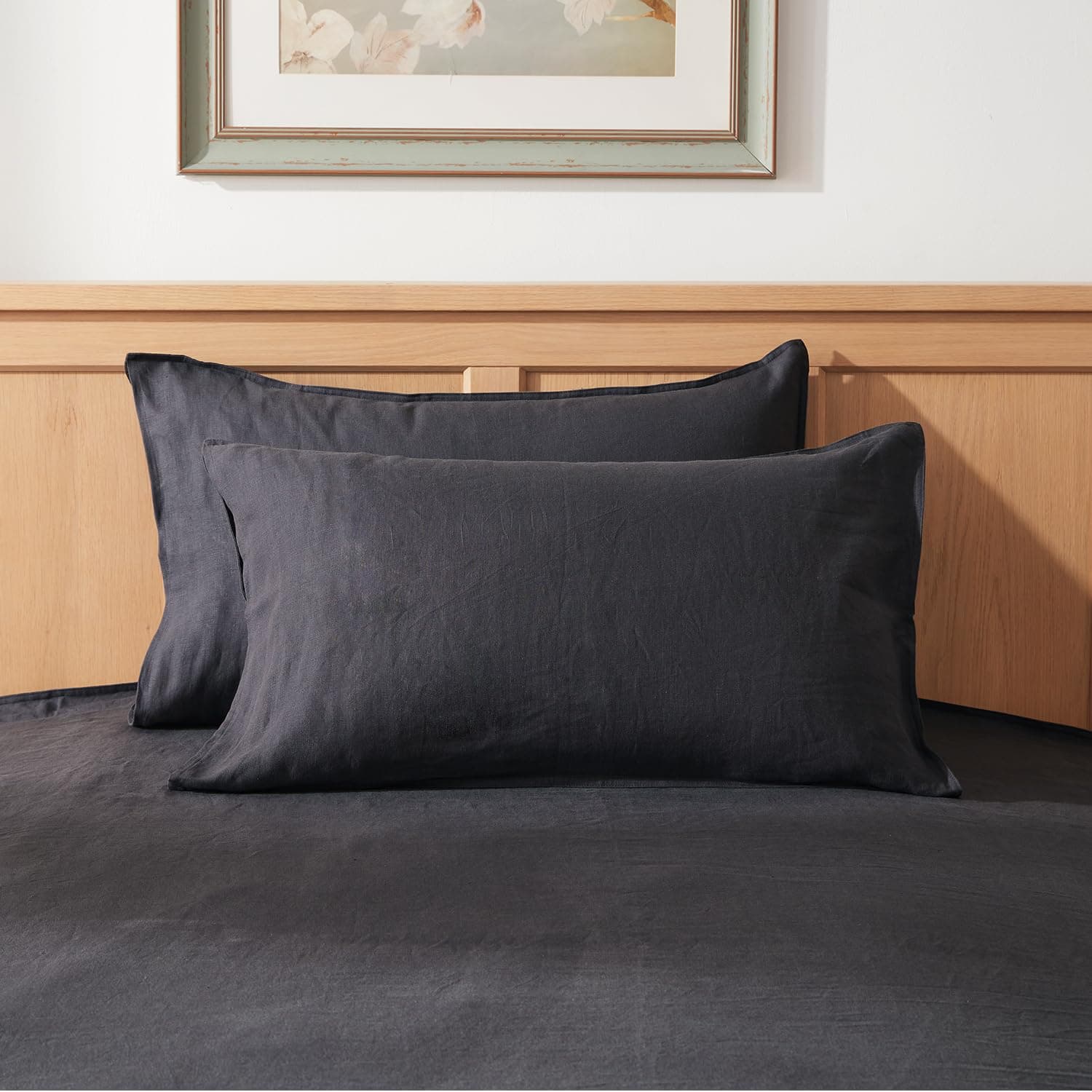 TOSMO Stone Washed 100% Linen Pillowcase Set, Charcoal Grey, 20" x 26"