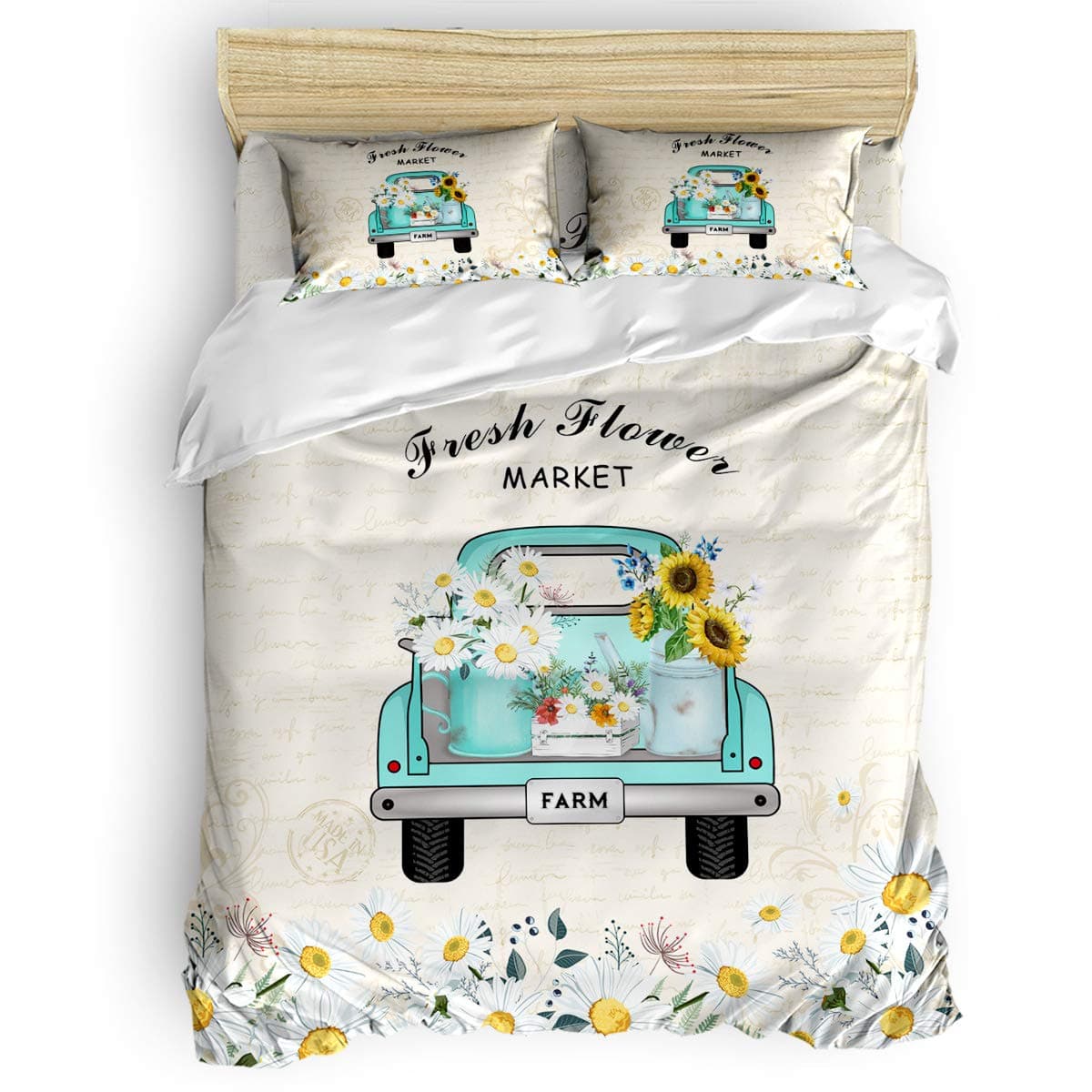 Flower Market Retro Truck Daisies Full Duvet Cover Set