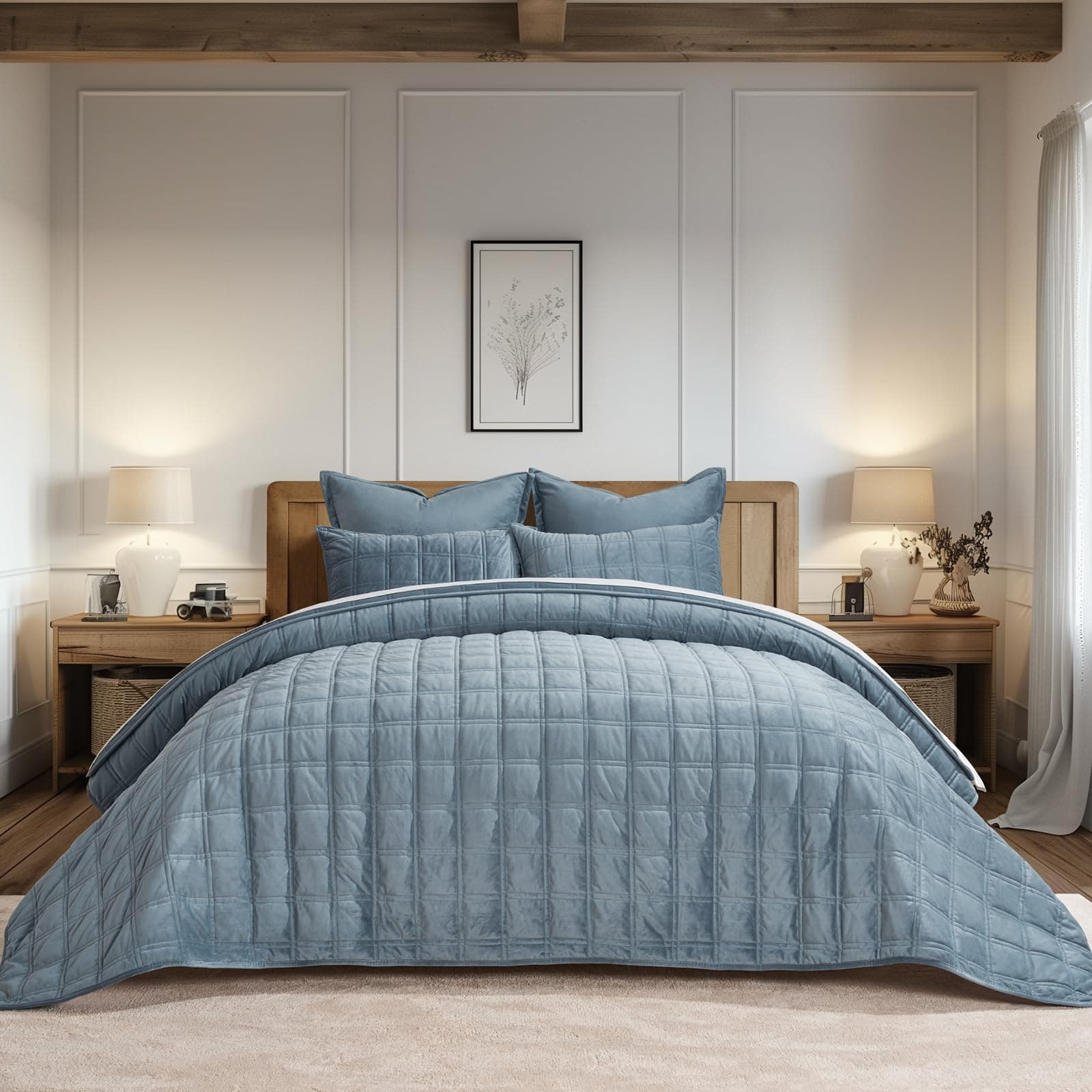 EVERGRACE King Size Ultra Soft Velvet Quilt with 2 Shams, Blue Linen, 108"x96"