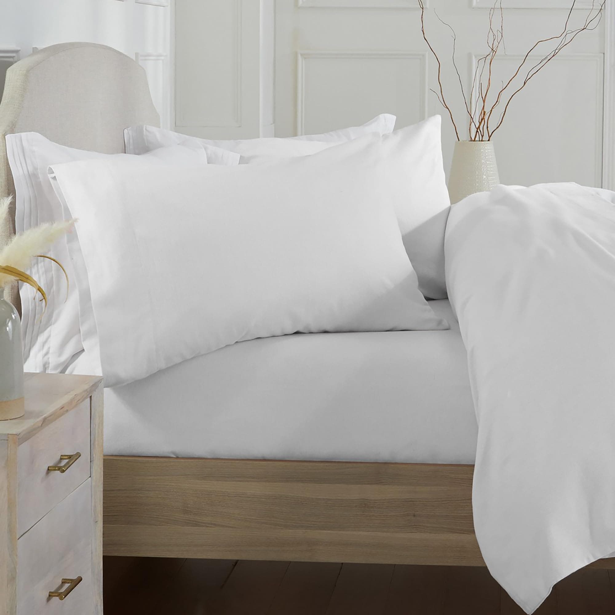 Chalet Collection 100% Cotton Full Flannel Sheet Set - Double Brushed, Deep Pocket, White