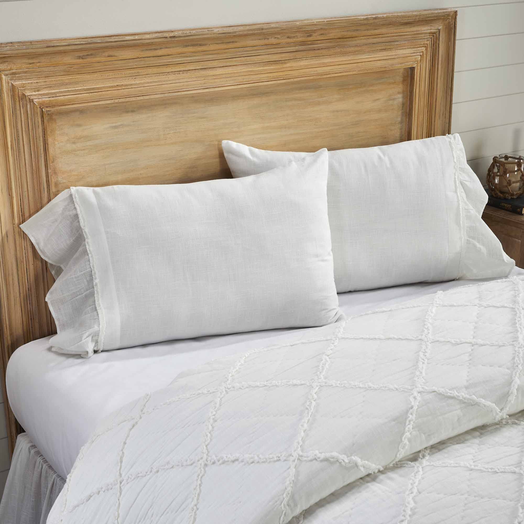Ruffled King Size Pillow Case Set of 2, Soft White Linen-Look Textured Fabric