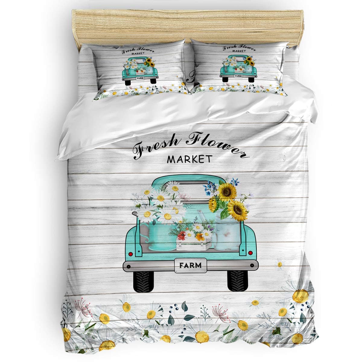 4-Piece Breathable Soft Duvet Cover Set Flower Market Retro Truck Daisies for Kids/Adults