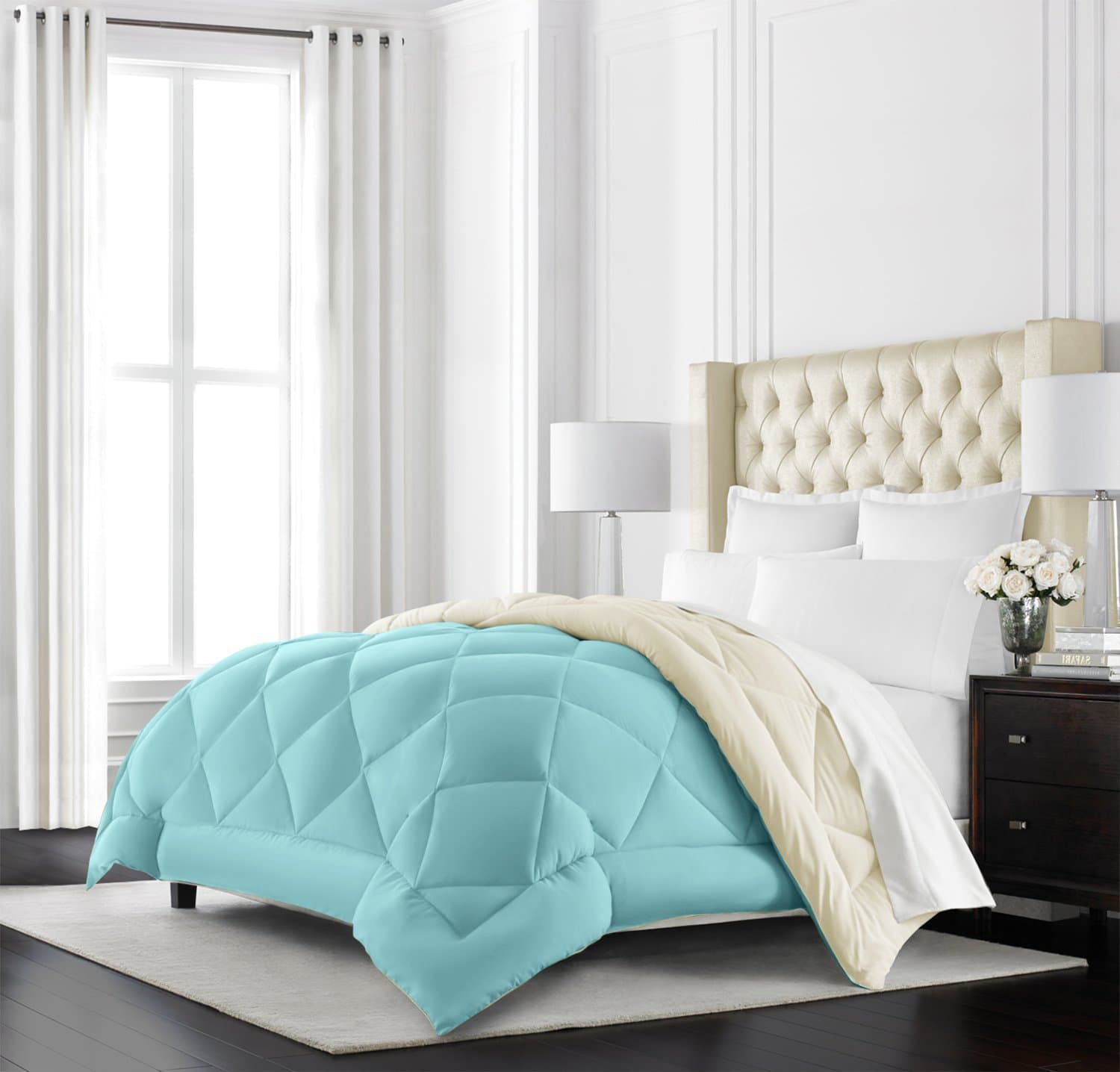 Goose Down Alternative Reversible Comforter - All Season - Premium Quality Luxury Comforter - Twin/Twin XL - Aqua/Ivory