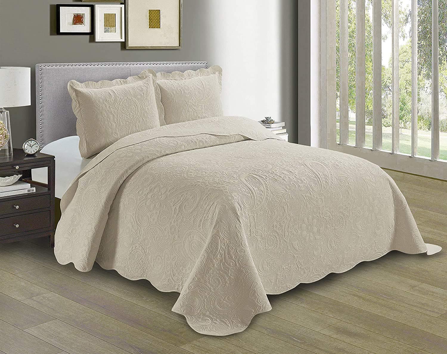 Oversized Beige Linen Plus Embossed Coverlet Bedspread Full/Queen New #Dana