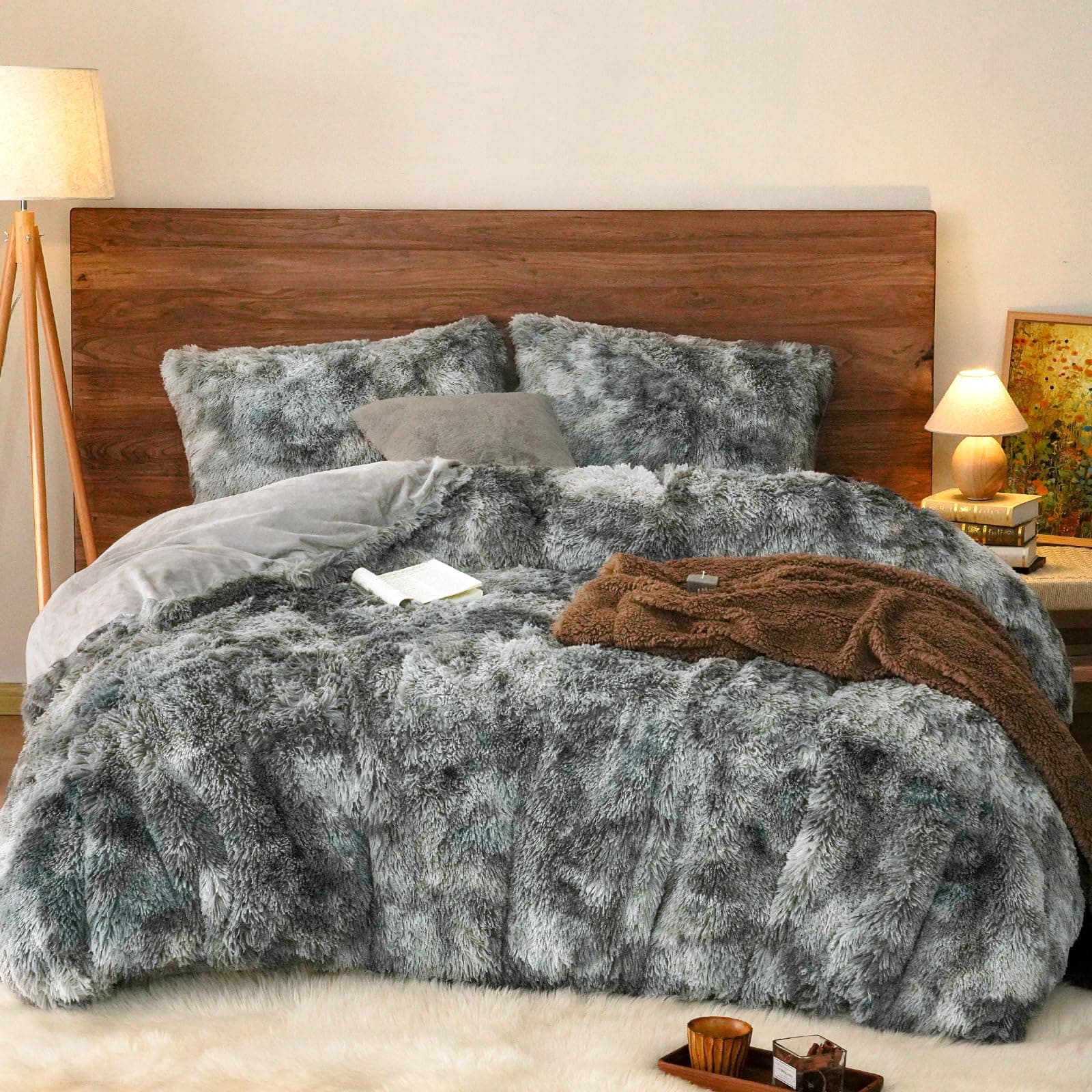 PHF Shaggy Fluffy Faux Fur King Size Duvet Cover Set