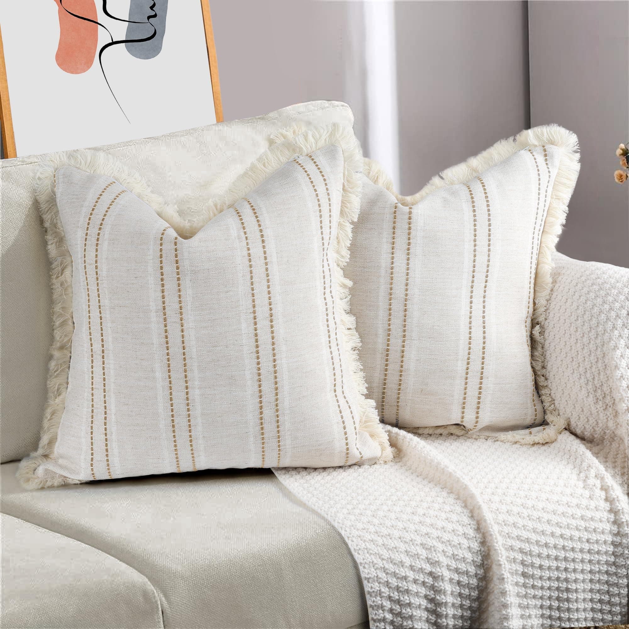 Set of 2 Farmhouse Linen Throw Pillow Covers with Fringe, Boho Textured, Beige with White & Brown Stitch Yarn Dyed Stripe - Cover ONLY