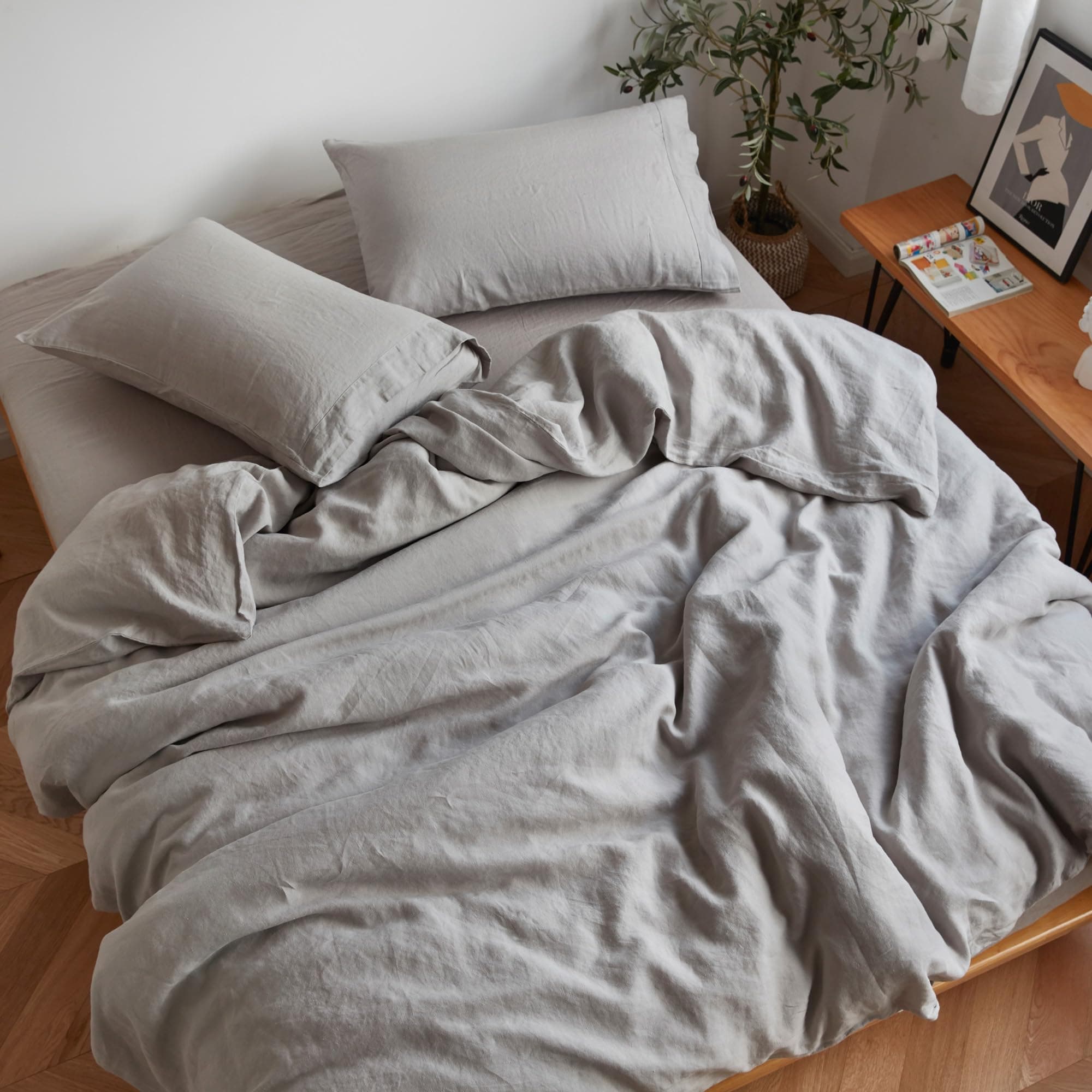 GOTS Certified Sijo Stone Washed Organic French Linen Bed Sheet Set, Dove, Queen
