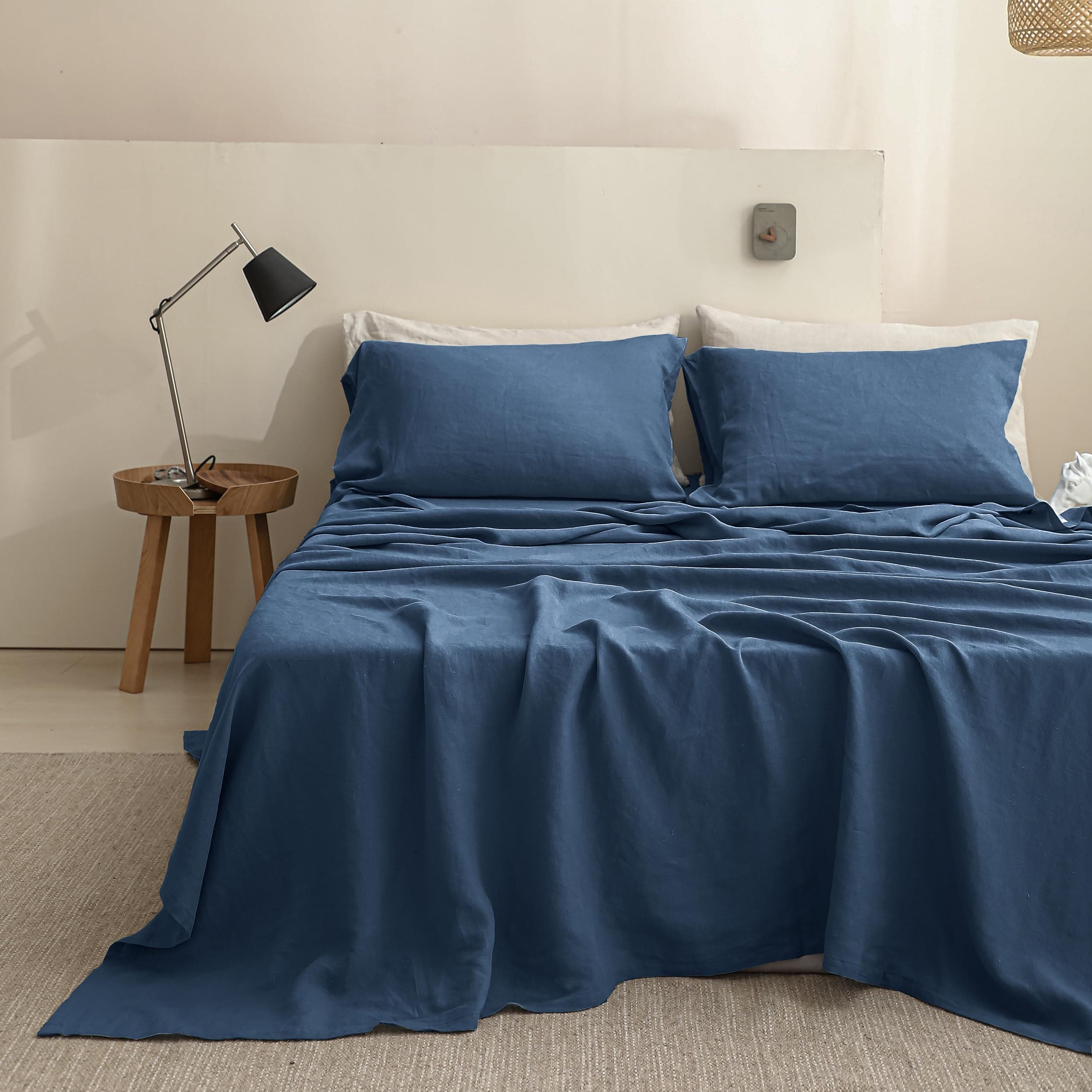Simple Opulence 100% Linen Queen Bed Sheets, Classic Blue, 4-Piece Set