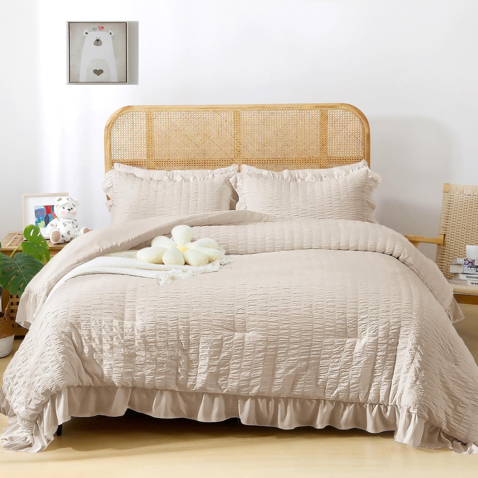 JOLLYVOGUE Beige Queen Seersucker Comforter Set with Ruffles