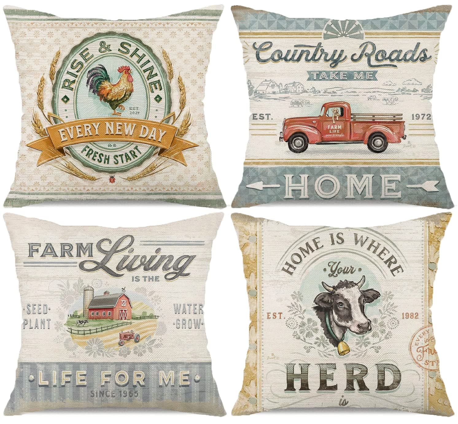Retro Farmhouse Animal Pillow Covers 18x18 Set of 4feito