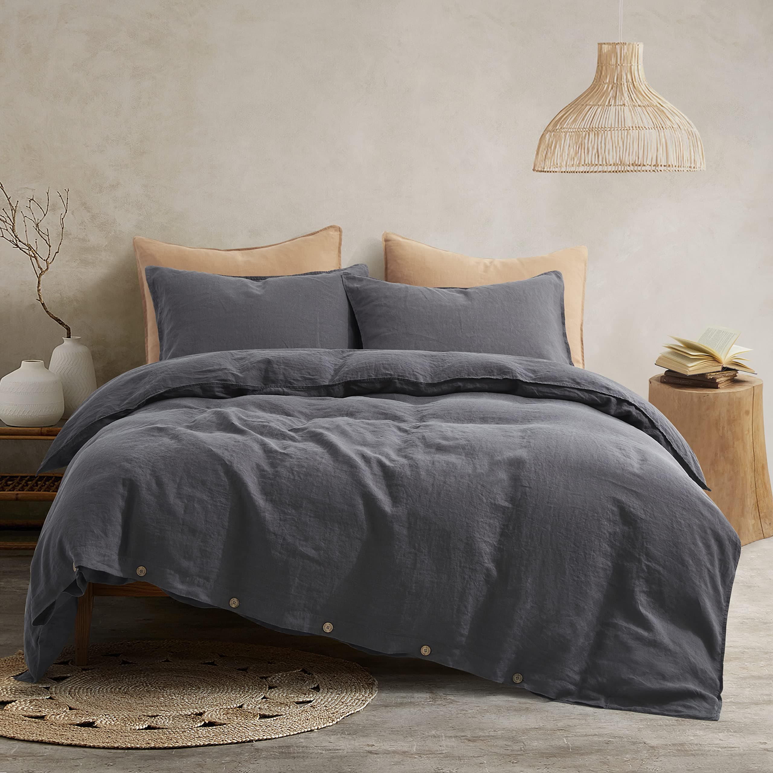 French Flax Linen Duvet Cover Set - Farmhouse Comforter Set (1 Duvet Cover and 2 Pillow Shams) Queen Size Dark Grey