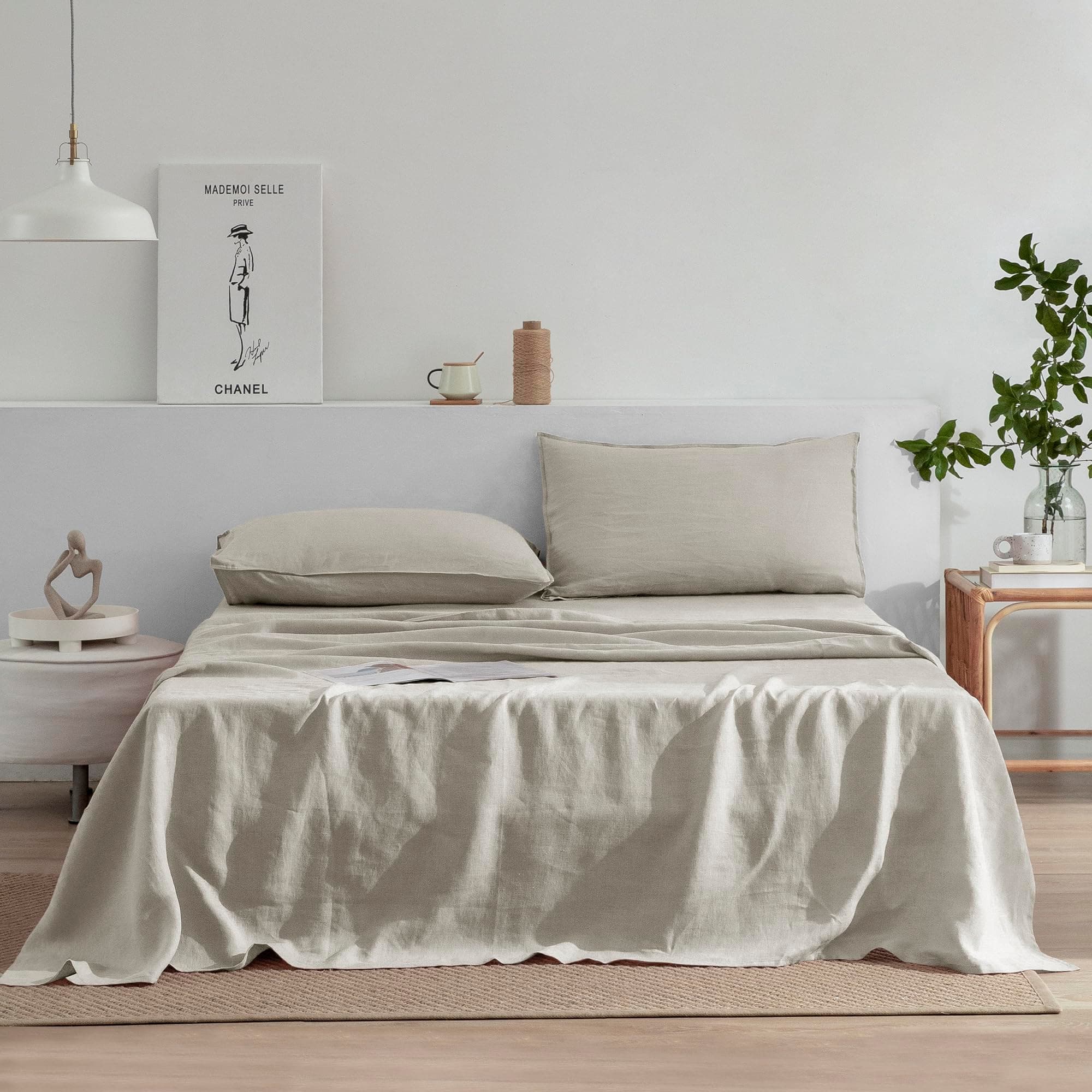 Everly Queen Size Linen Sheets Set, 4 Pieces Natural Bedding