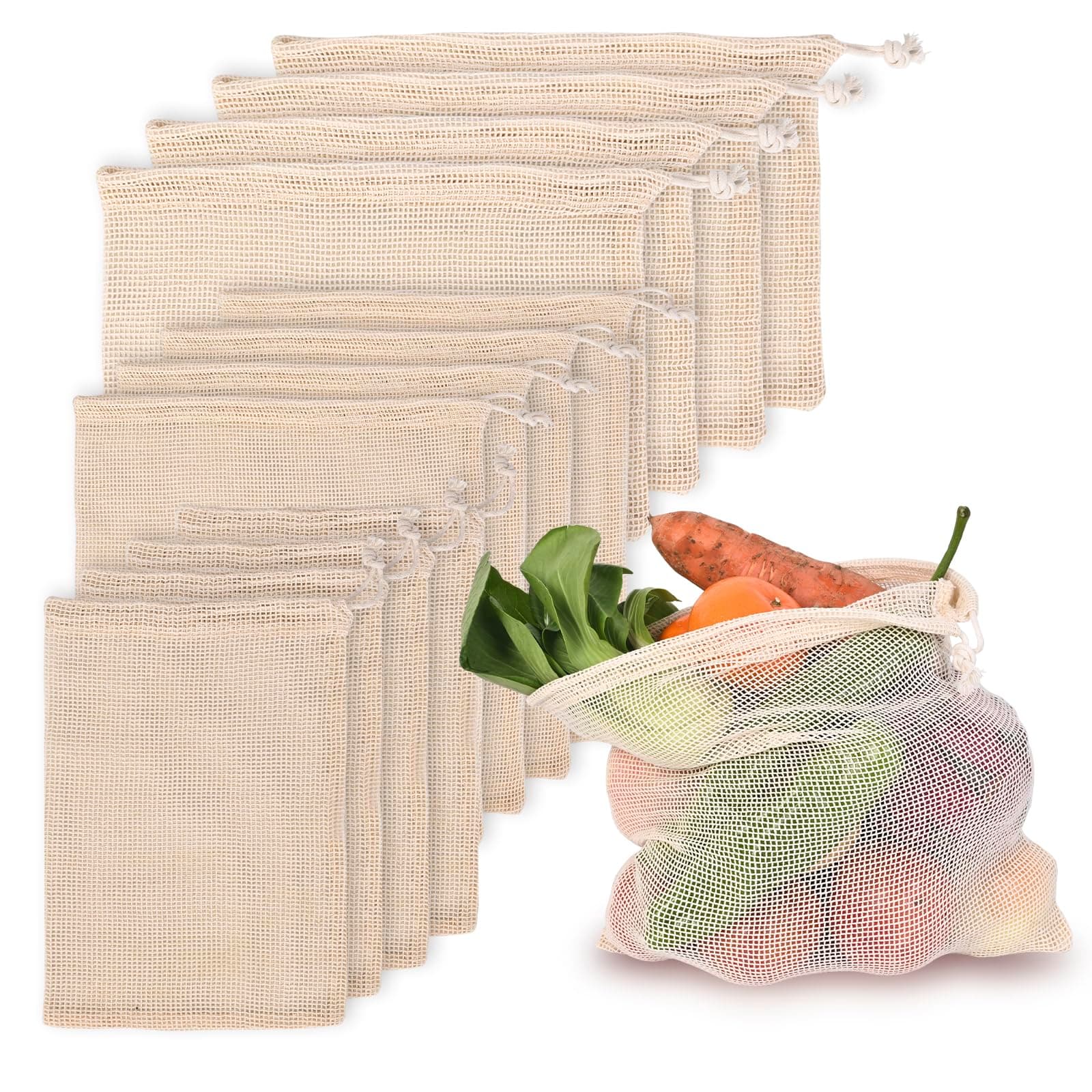 Reusable 12-Pack Cotton Mesh Produce Bags - Vegetable Storage, Farmers Market, Beach Bags, 4X Small, Medium, Large