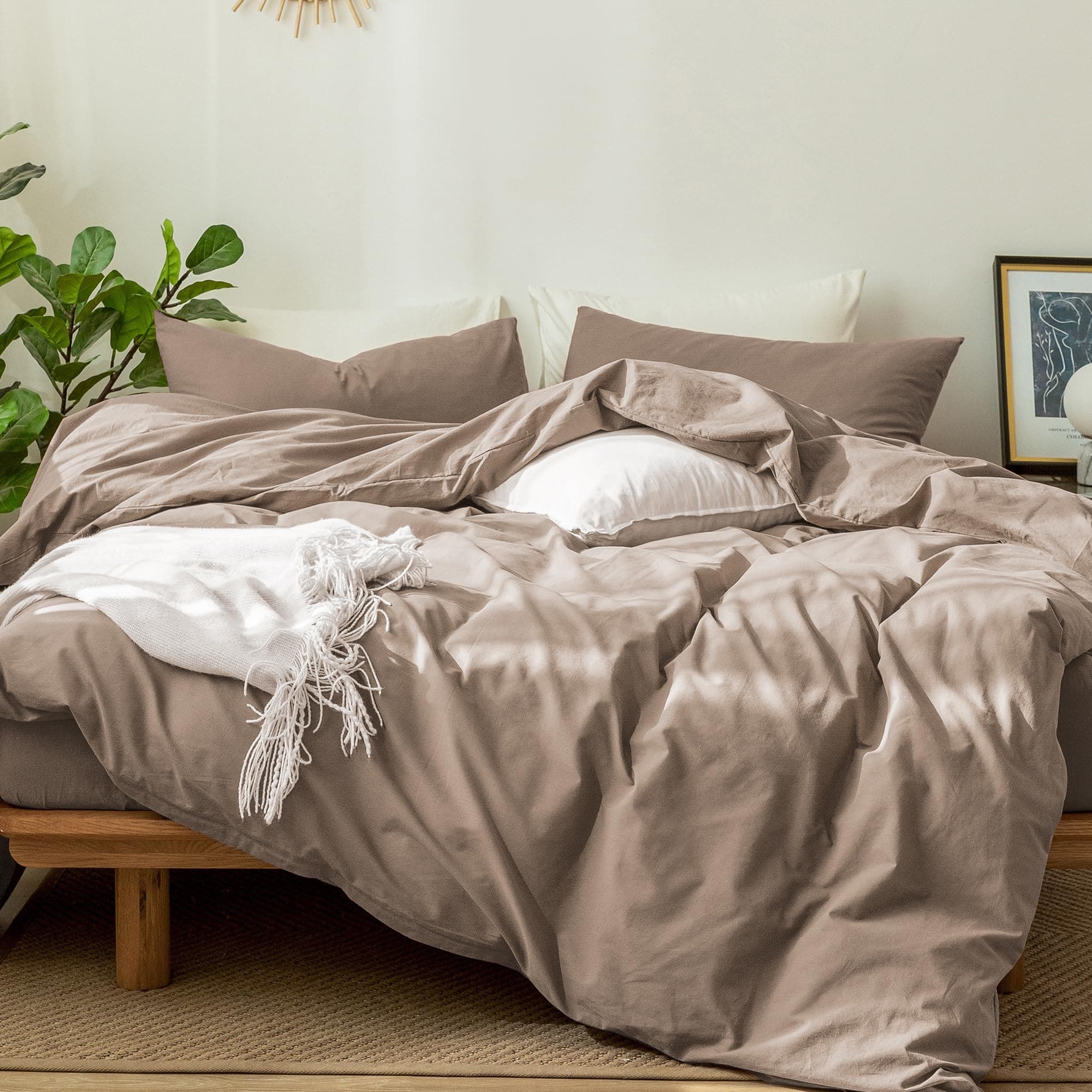 MooMee Bedding Duvet Cover Set in Brown, Queen Size 100% Washed Cotton Linen Like Textured Breathable and Durable Soft Comfy