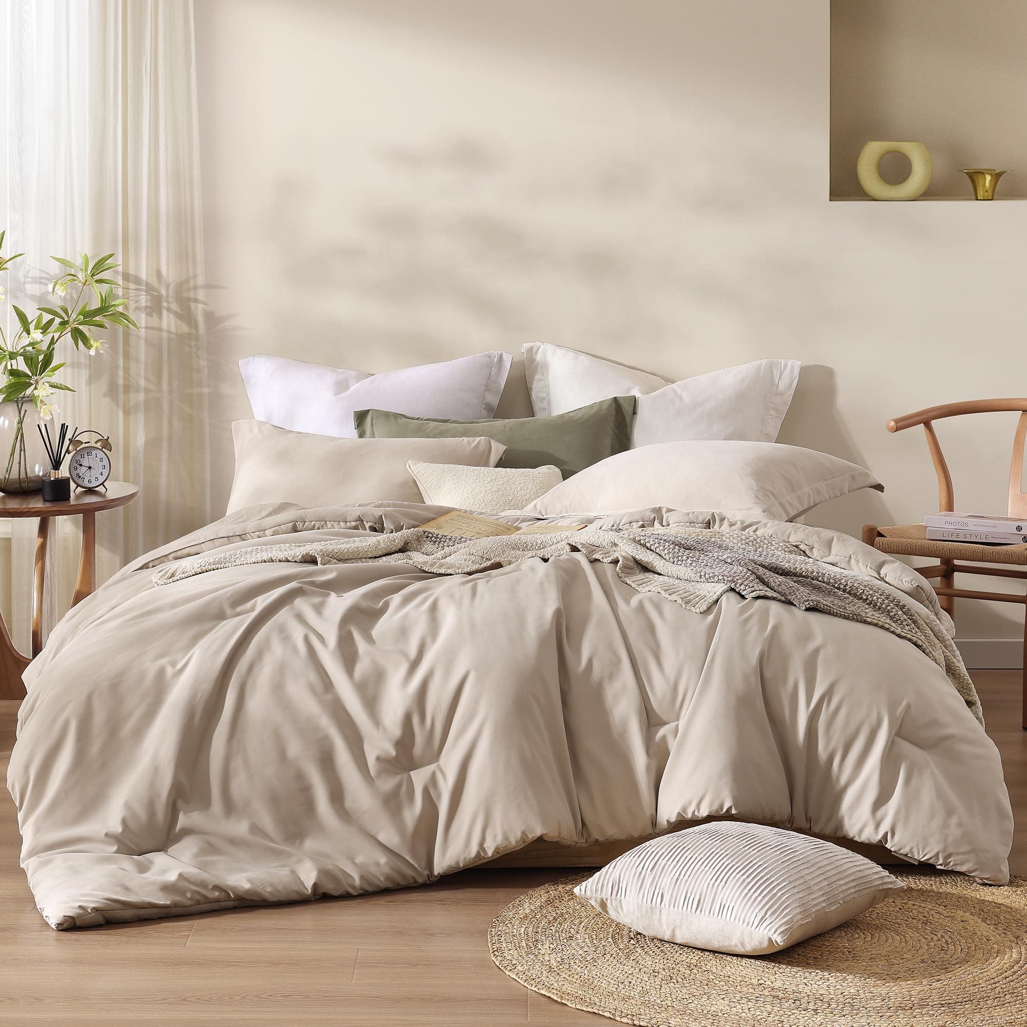 Boho Queen Comforter Set Beige, 3-Piece Modern Farmhouse Bedding Light & Fluffy