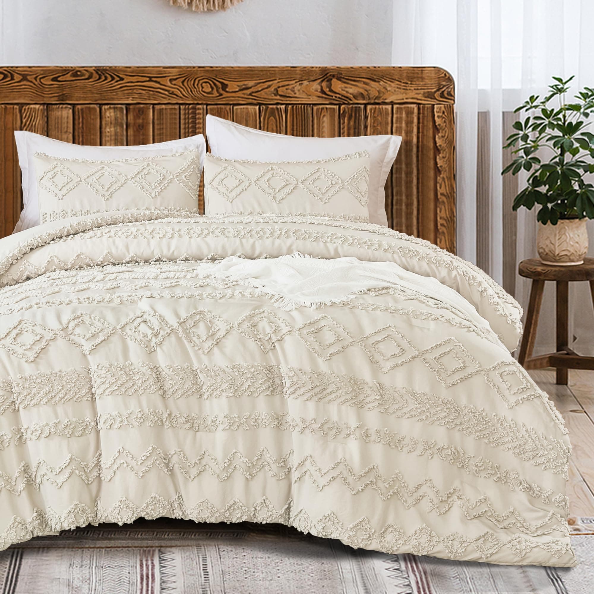 Andency Boho Beige Comforter Queen Set, Fluffy Warm Farmhouse Bedding