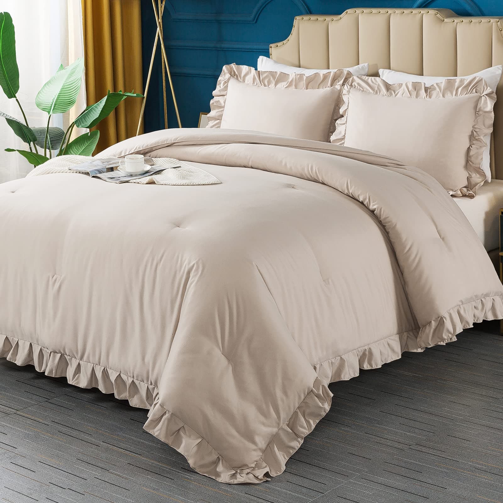 Andency Khaki Queen Comforter Set, 3 Pieces Shabby Chic Bedding